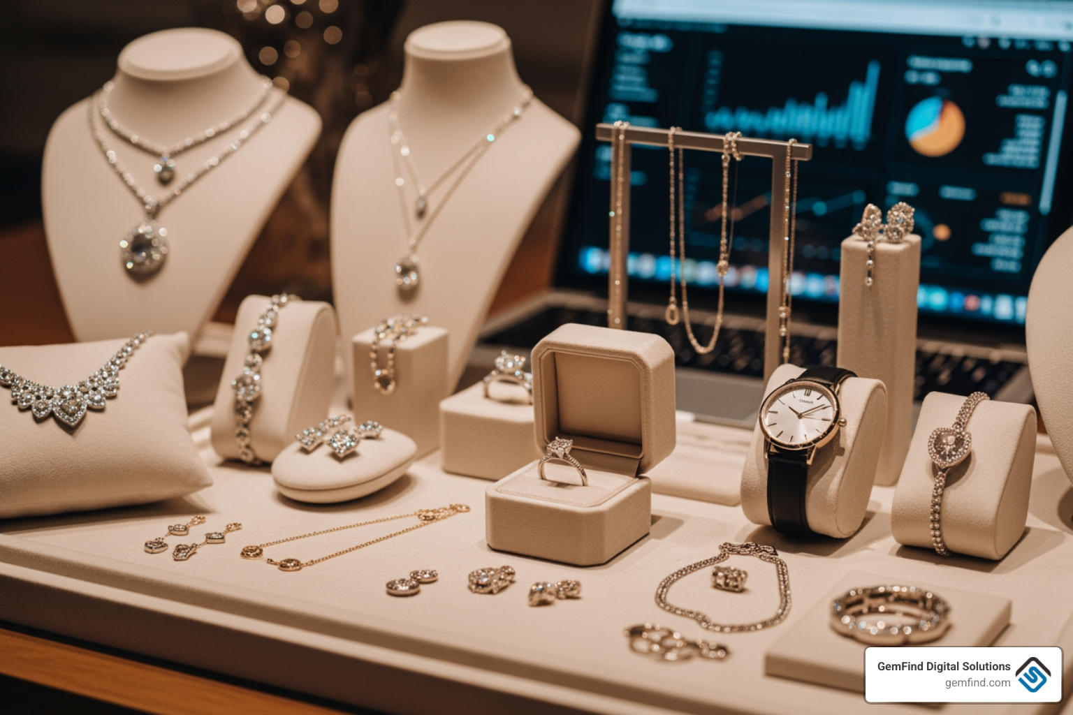 A Google search results page showing a prominent Google Shopping carousel at the top, followed by a local pack map with nearby jewelry stores, and then text-based Search Ads below, all for a jewelry-related query - best jewelry google ads