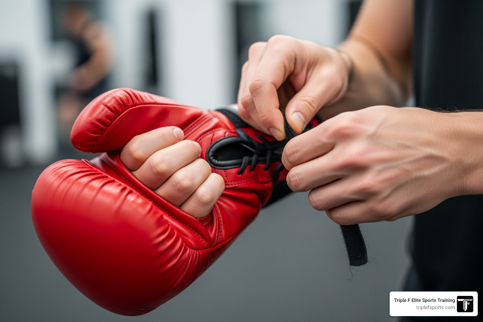 A beginner putting on boxing gloves for the first time - adult mma training A beginner putting on boxing gloves for the first time - adult mma training