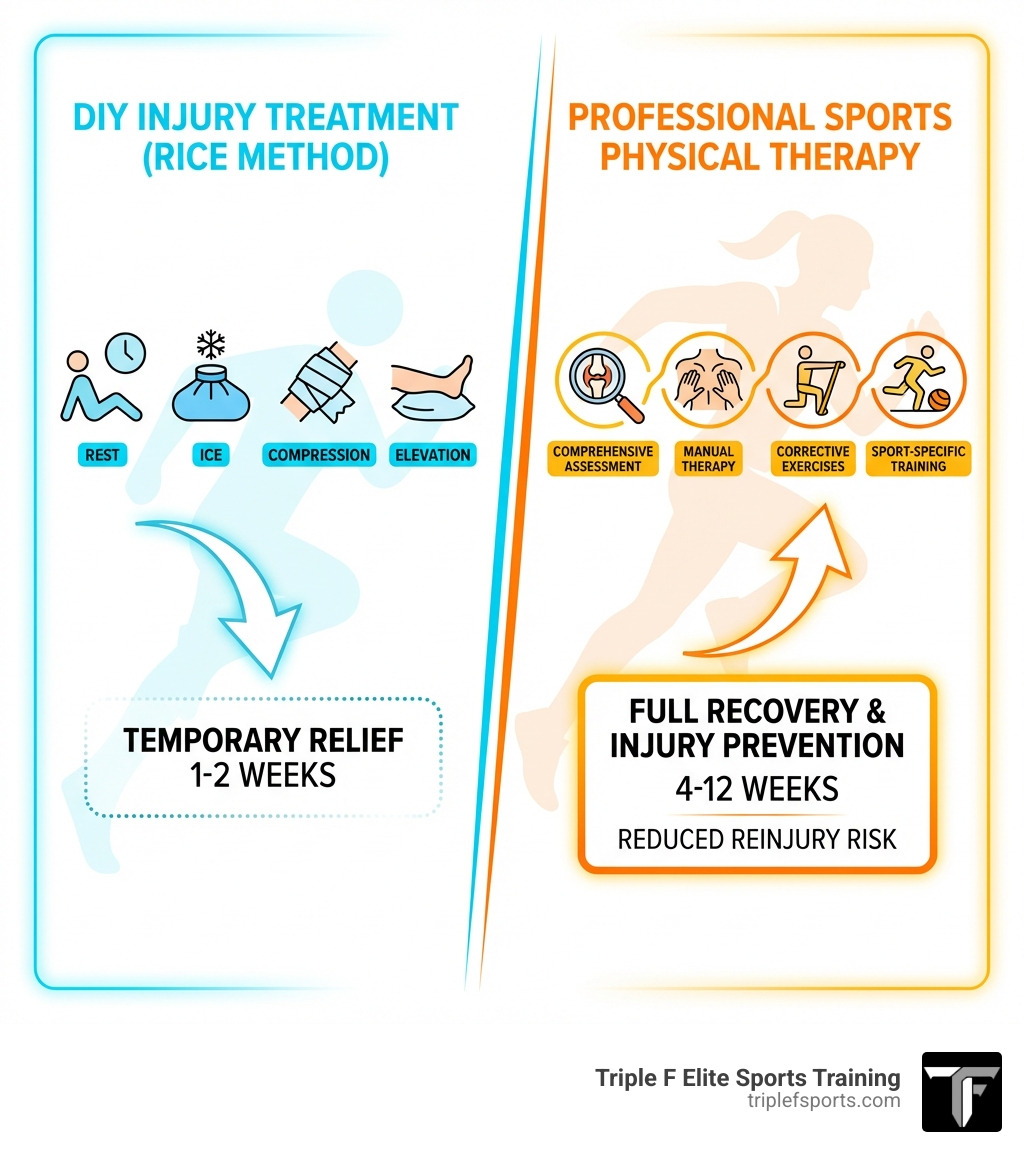 Infographic comparing DIY injury treatment versus professional sports physical therapy: RICE method (Rest, Ice, Compression, Elevation) shown as temporary relief for 1-2 weeks versus Professional PT approach showing comprehensive assessment, manual therapy, corrective exercises, and sport-specific training leading to full recovery and injury prevention over 4-12 weeks with reduced reinjury risk - sports injury physical therapy Knoxville infographic Infographic comparing DIY injury treatment versus professional sports physical therapy: RICE method (Rest, Ice, Compression, Elevation) shown as temporary relief for 1-2 weeks versus Professional PT approach showing comprehensive assessment, manual therapy, corrective exercises, and sport-specific training leading to full recovery and injury prevention over 4-12 weeks with reduced reinjury risk - sports injury physical therapy Knoxville infographic