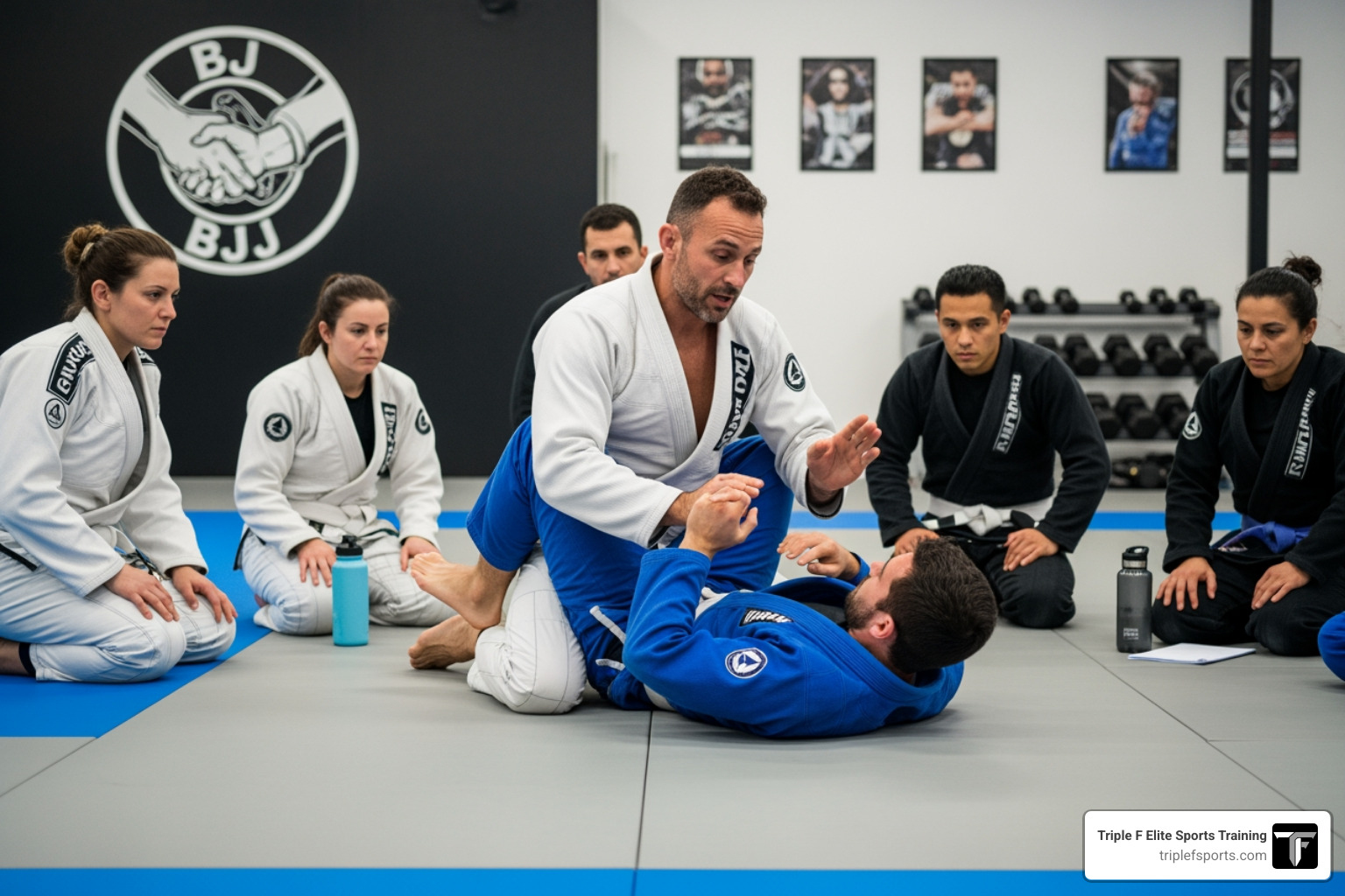 An instructor demonstrating a BJJ submission to a small group - adult mma training An instructor demonstrating a BJJ submission to a small group - adult mma training