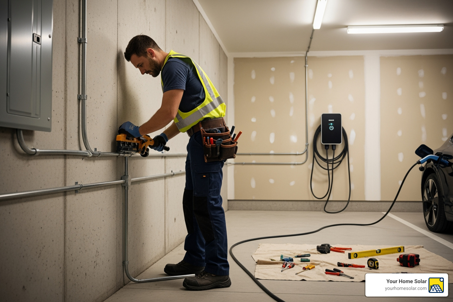 Installer neatly running conduit for an EV charger - Trusted EV charger installer Installer neatly running conduit for an EV charger - Trusted EV charger installer