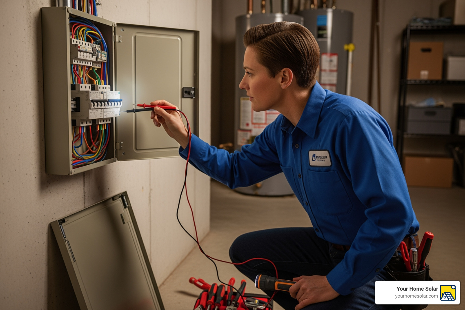 Electrician inspecting a home's electrical panel - Trusted EV charger installer Electrician inspecting a home's electrical panel - Trusted EV charger installer