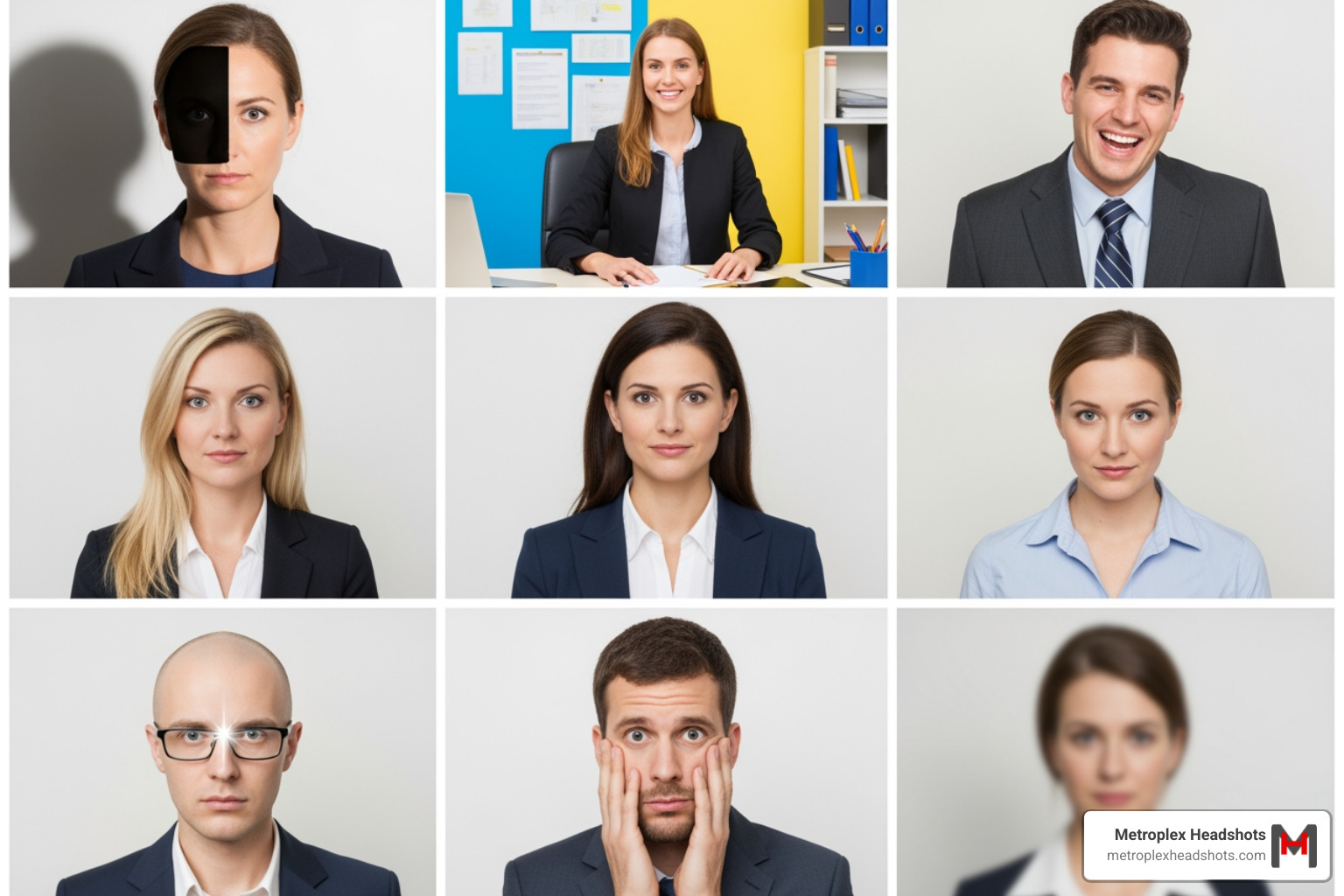 collage of funny (but anonymous/stock) bad headshot examples - bad realtor headshots