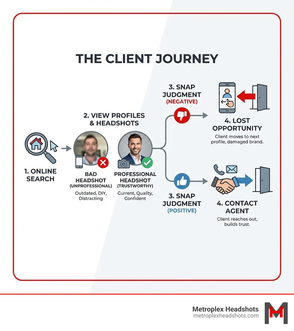 Infographic showing the client journey: 1. Client searches for real estate agent online, 2. Client views agent profiles and headshots, 3. Client makes snap judgment based on headshot quality and professionalism, 4. Client either contacts agent or moves to next profile. Shows how bad realtor headshots lead to lost opportunities while professional headshots build trust and generate leads. - bad realtor headshots infographic 