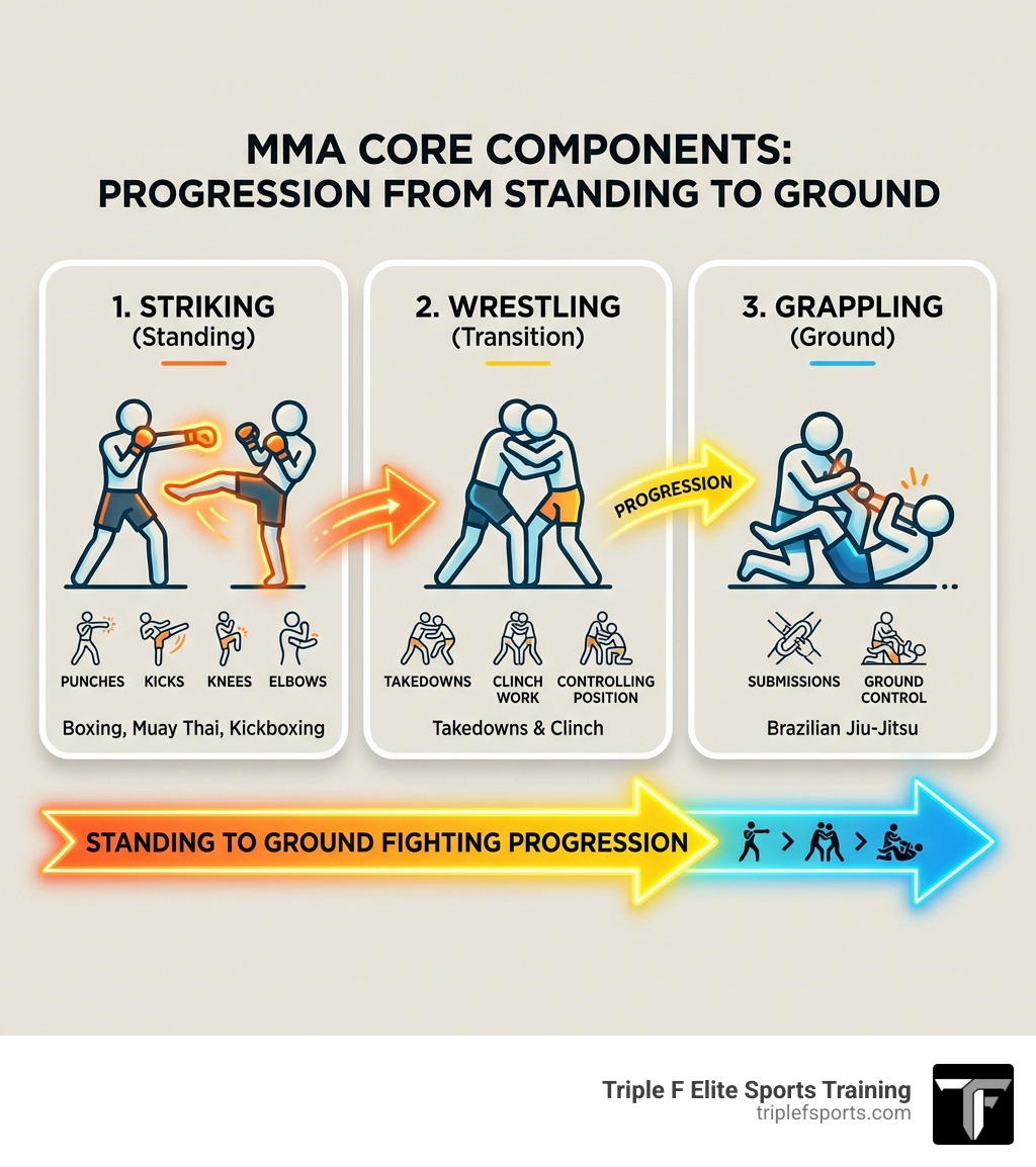 Infographic showing the three core components of MMA training: Striking (Boxing, Muay Thai, Kickboxing using punches, kicks, knees, and elbows), Grappling (Brazilian Jiu-Jitsu with submissions and ground control), and Wrestling (Takedowns, clinch work, and controlling position). Each component shows a stick figure demonstrating the technique with arrows indicating the progression from standing to ground fighting. - adult mma training infographic Infographic showing the three core components of MMA training: Striking (Boxing, Muay Thai, Kickboxing using punches, kicks, knees, and elbows), Grappling (Brazilian Jiu-Jitsu with submissions and ground control), and Wrestling (Takedowns, clinch work, and controlling position). Each component shows a stick figure demonstrating the technique with arrows indicating the progression from standing to ground fighting. - adult mma training infographic