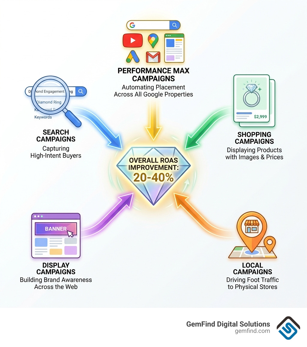 Infographic showing the complete Google Ads ecosystem for jewelry stores: Search Campaigns capturing high-intent buyers, Shopping Campaigns displaying products with images and prices at the top of search results, Display Campaigns building brand awareness across the web, Performance Max campaigns automating placement across all Google properties, and Local Campaigns driving foot traffic to physical stores, with arrows showing how each campaign type contributes to overall ROAS improvement of 20-40% - jewelry store google ads infographic 