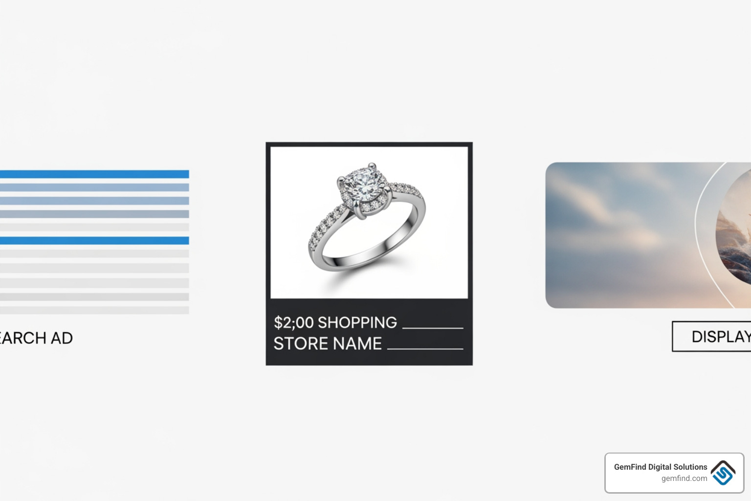 Image comparing different Google Ad formats including a text-based Search ad, a product-image-based Shopping ad, and a visual Display banner ad - jewelry store google ads