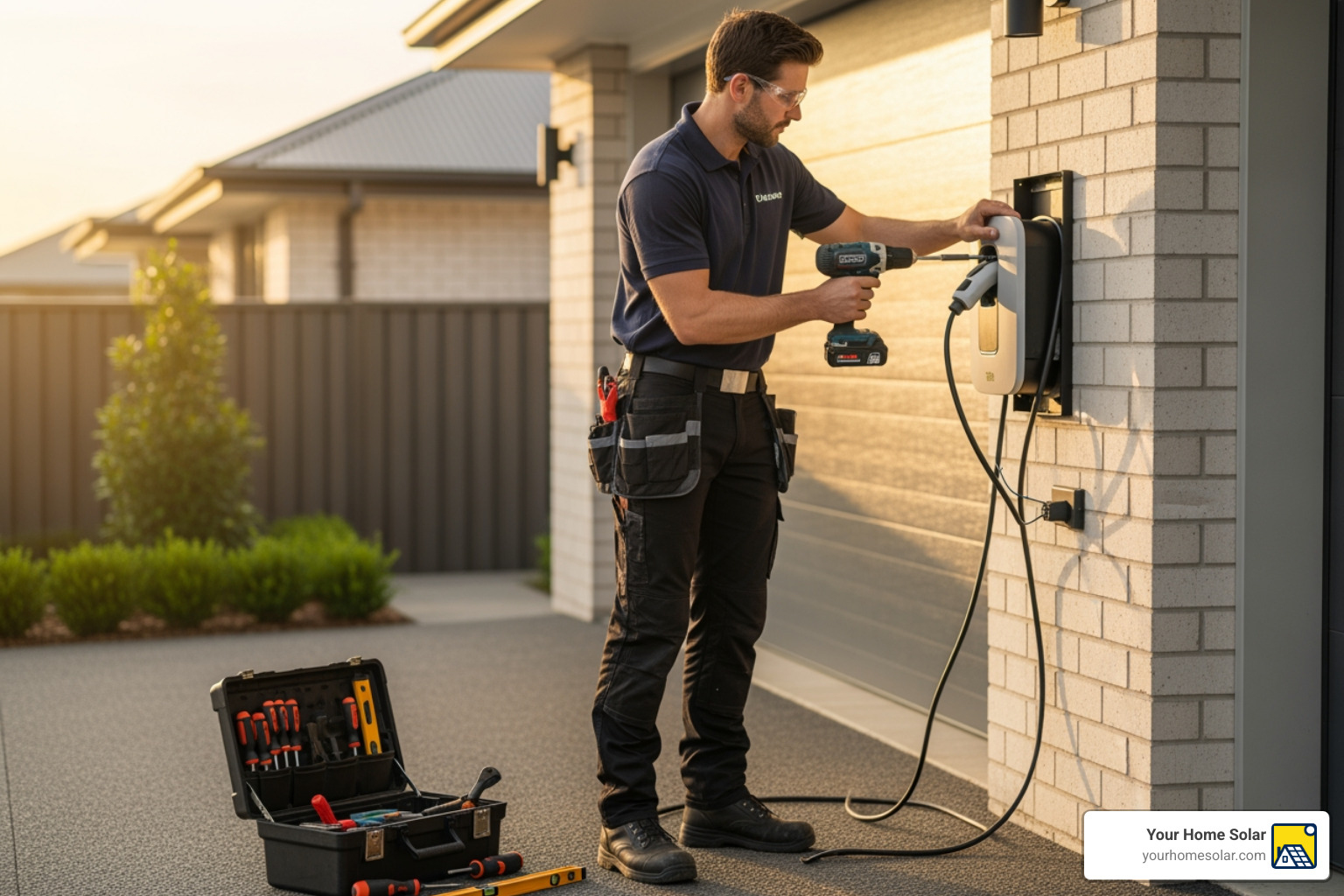 qualified electrician installing EV charger - 240 volt charging station installation qualified electrician installing EV charger - 240 volt charging station installation