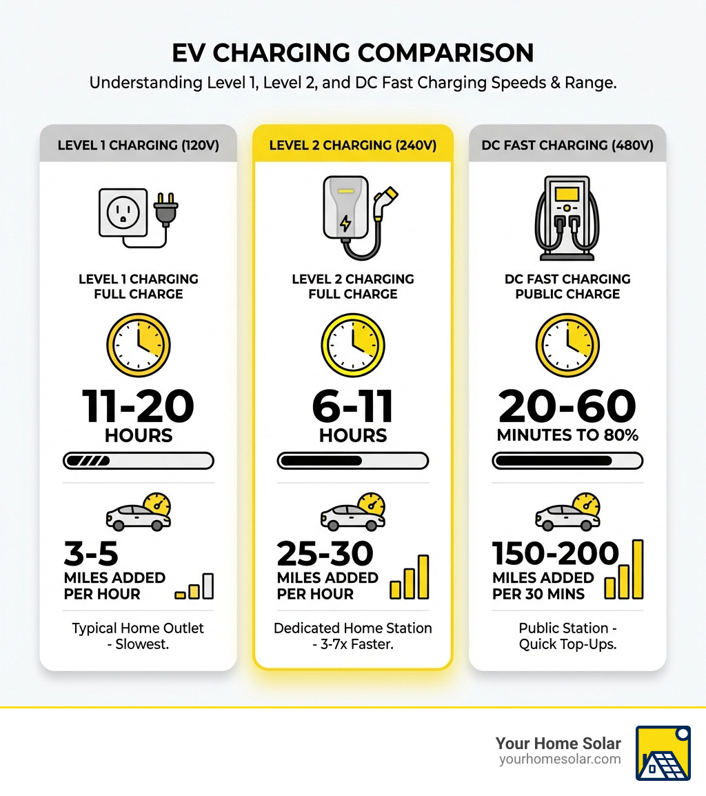 infographic showing three columns comparing Level 1 charging at 120V taking 11-20 hours and adding 3-5 miles per hour, Level 2 charging at 240V taking 6-11 hours and adding 25-30 miles per hour, and DC Fast Charging at 480V taking 20-60 minutes to reach 80 percent charge and adding 150-200 miles per 30 minutes - 240 volt charging station installation infographic infographic showing three columns comparing Level 1 charging at 120V taking 11-20 hours and adding 3-5 miles per hour, Level 2 charging at 240V taking 6-11 hours and adding 25-30 miles per hour, and DC Fast Charging at 480V taking 20-60 minutes to reach 80 percent charge and adding 150-200 miles per 30 minutes - 240 volt charging station installation infographic
