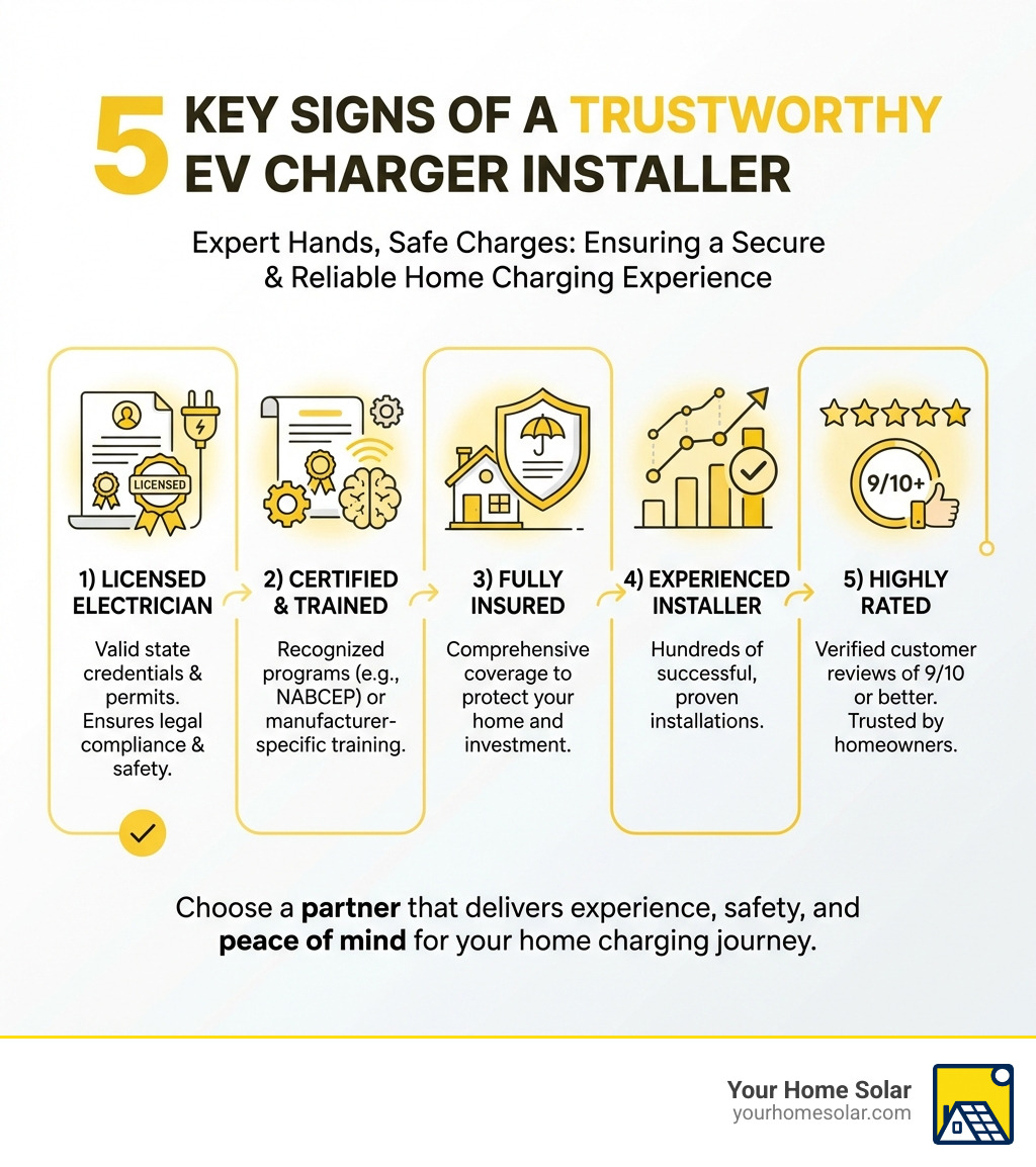 Infographic showing 5 key signs of a trustworthy EV charger installer: 1) Licensed Electrician with valid state credentials, 2) Certified by programs like NABCEP or manufacturer training, 3) Fully Insured to protect your home, 4) Experienced with hundreds of successful installations, 5) Highly Rated with verified customer reviews of 9/10 or better - Trusted EV charger installer infographic Infographic showing 5 key signs of a trustworthy EV charger installer: 1) Licensed Electrician with valid state credentials, 2) Certified by programs like NABCEP or manufacturer training, 3) Fully Insured to protect your home, 4) Experienced with hundreds of successful installations, 5) Highly Rated with verified customer reviews of 9/10 or better - Trusted EV charger installer infographic