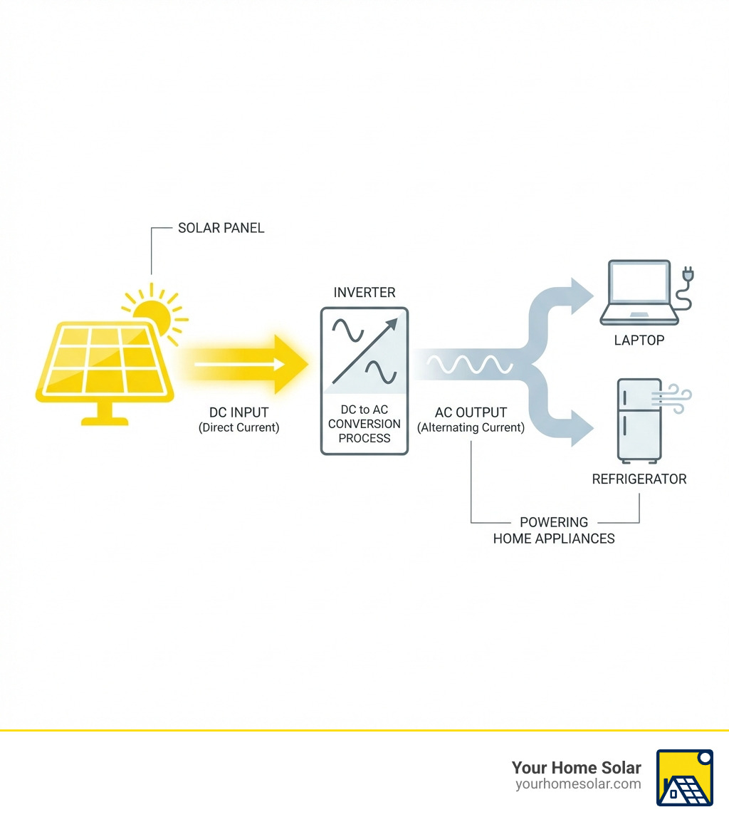 infographic showing energy flow from solar panel through inverter to home appliances with labels for DC input, inverter conversion process, and AC output powering a laptop and refrigerator - inverter for home use infographic infographic showing energy flow from solar panel through inverter to home appliances with labels for DC input, inverter conversion process, and AC output powering a laptop and refrigerator - inverter for home use infographic