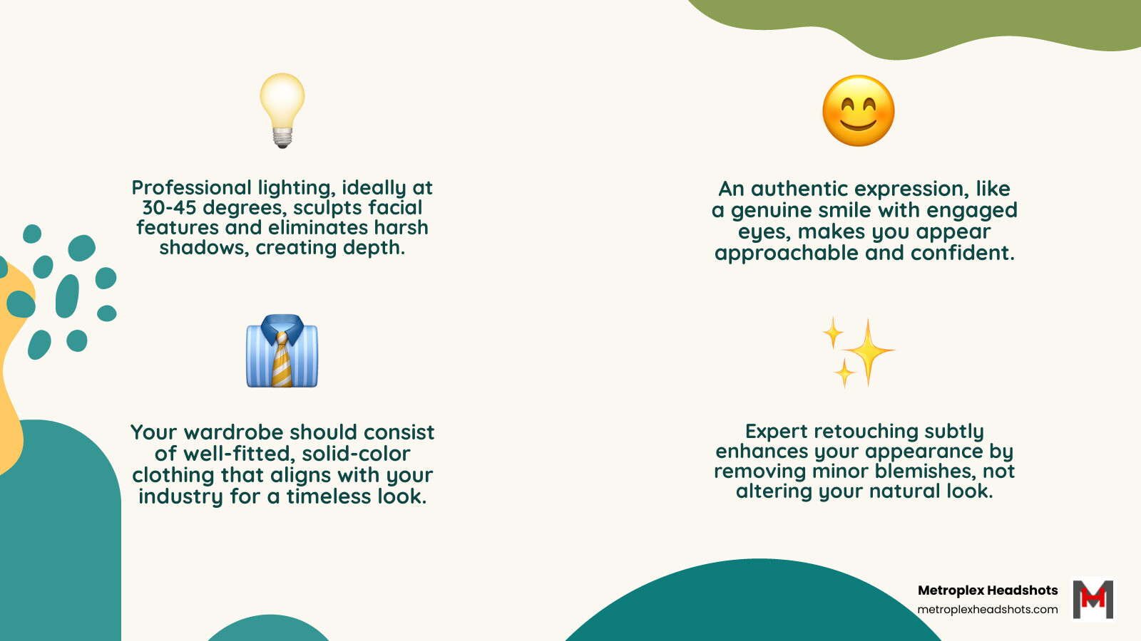 infographic showing the 7 key elements of a great business headshot: professional lighting at 30-45 degrees, authentic smile with engaged eyes, clean solid or softly blurred background, well-fitted solid-color clothing, camera height at eye level, subtle natural retouching, and confident relaxed posture - best business headshots infographic 4_facts_emoji_nature infographic showing the 7 key elements of a great business headshot: professional lighting at 30-45 degrees, authentic smile with engaged eyes, clean solid or softly blurred background, well-fitted solid-color clothing, camera height at eye level, subtle natural retouching, and confident relaxed posture - best business headshots infographic 4_facts_emoji_nature