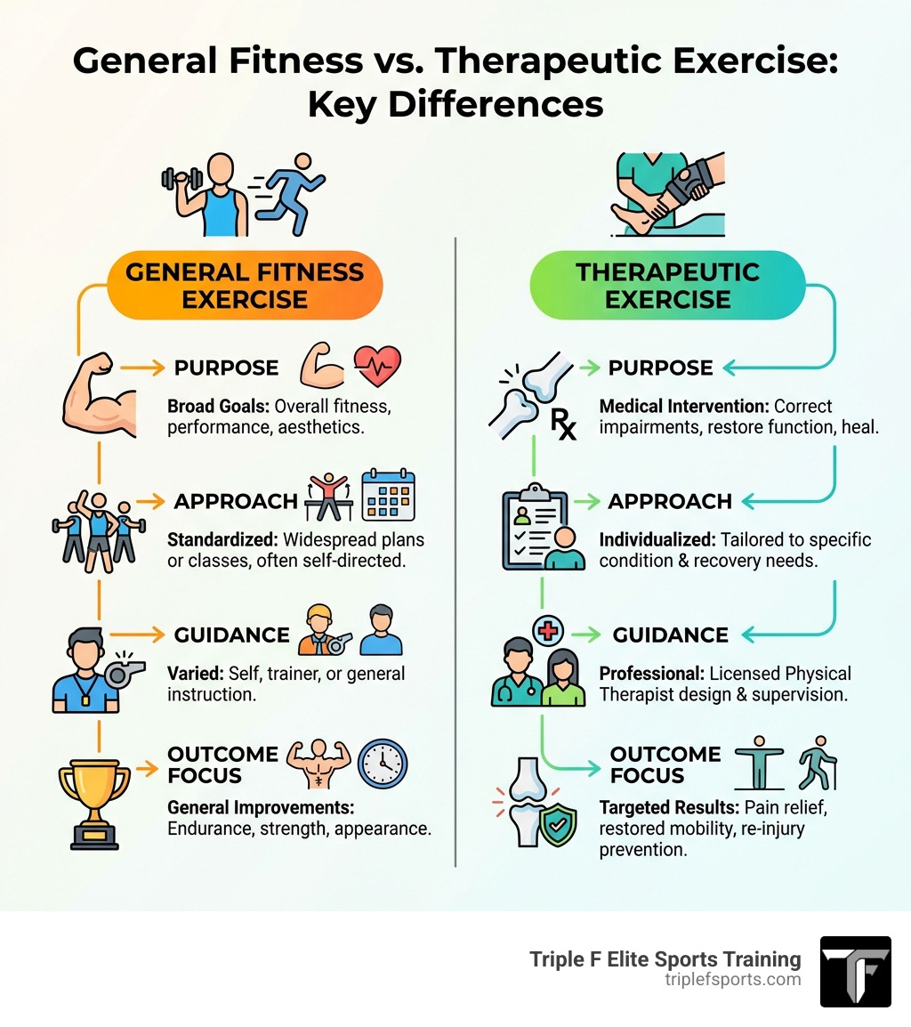infographic explaining key differences between general fitness exercise and therapeutic exercise - therapeutic exercise physical therapy infographic infographic explaining key differences between general fitness exercise and therapeutic exercise - therapeutic exercise physical therapy infographic