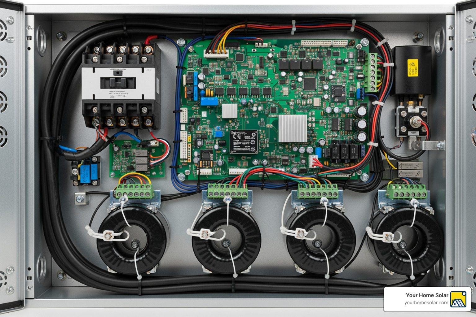 Internal components of a 3-phase EV charger, showing the control board, main contactor, and current transformers (CTs) clearly labeled within the enclosure. - 3 phase ev charger wiring diagram Internal components of a 3-phase EV charger, showing the control board, main contactor, and current transformers (CTs) clearly labeled within the enclosure. - 3 phase ev charger wiring diagram