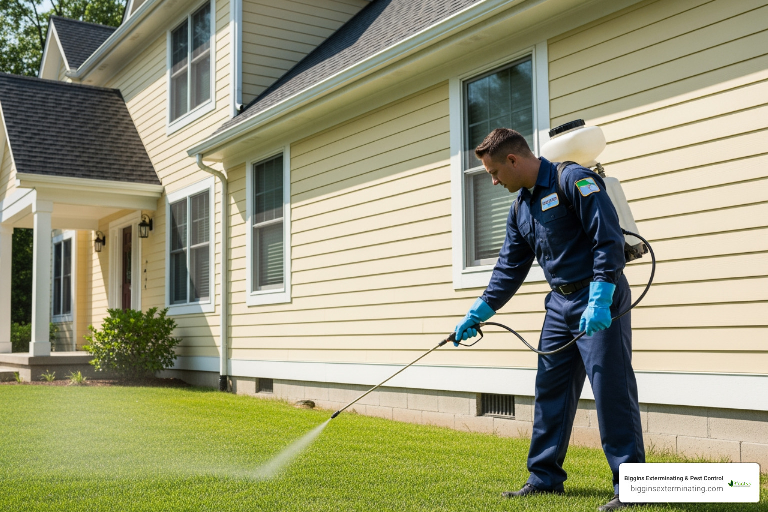 pest control technician treating exterior - Ant control Methuen MA