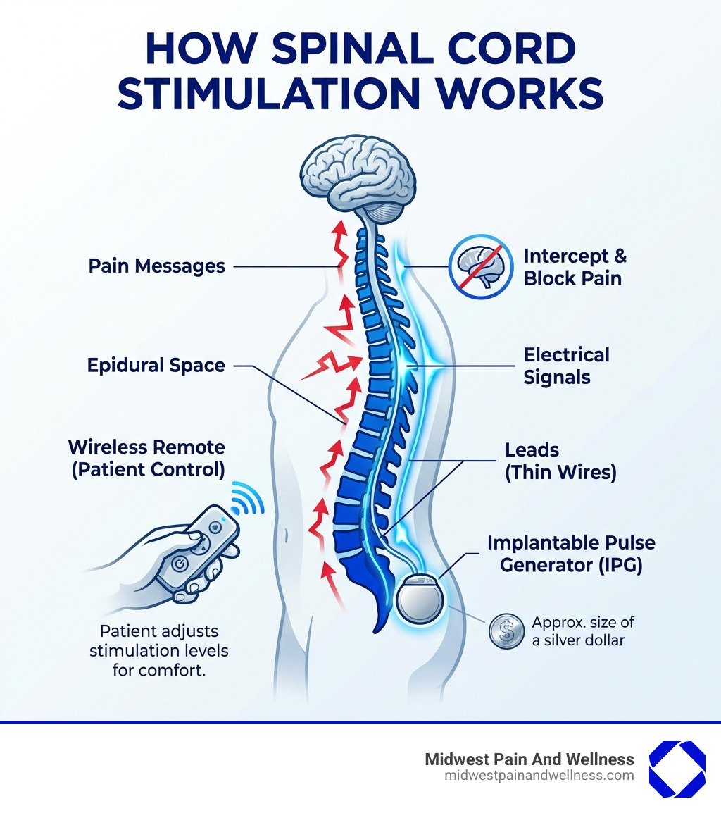 Infographic showing how spinal cord stimulation works: a small device implanted near the spine sends electrical signals through thin wires (leads) placed in the epidural space. These signals intercept pain messages traveling up the spinal cord to the brain, blocking or masking the sensation of pain. The patient controls stimulation levels using a wireless remote, and the implantable pulse generator (IPG) is typically placed in the buttock or abdomen area, about the size of a silver dollar. - spinal cord stimulation chicago infographic 