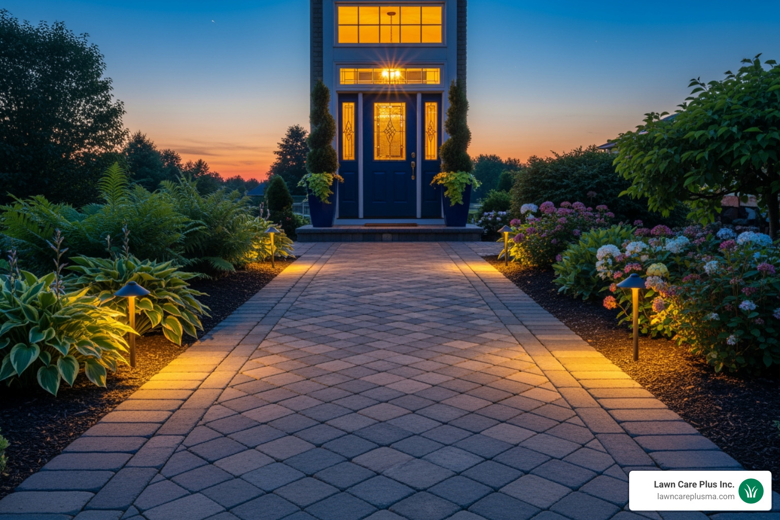 front entry paver walk with lighting - Hardscape design Milton