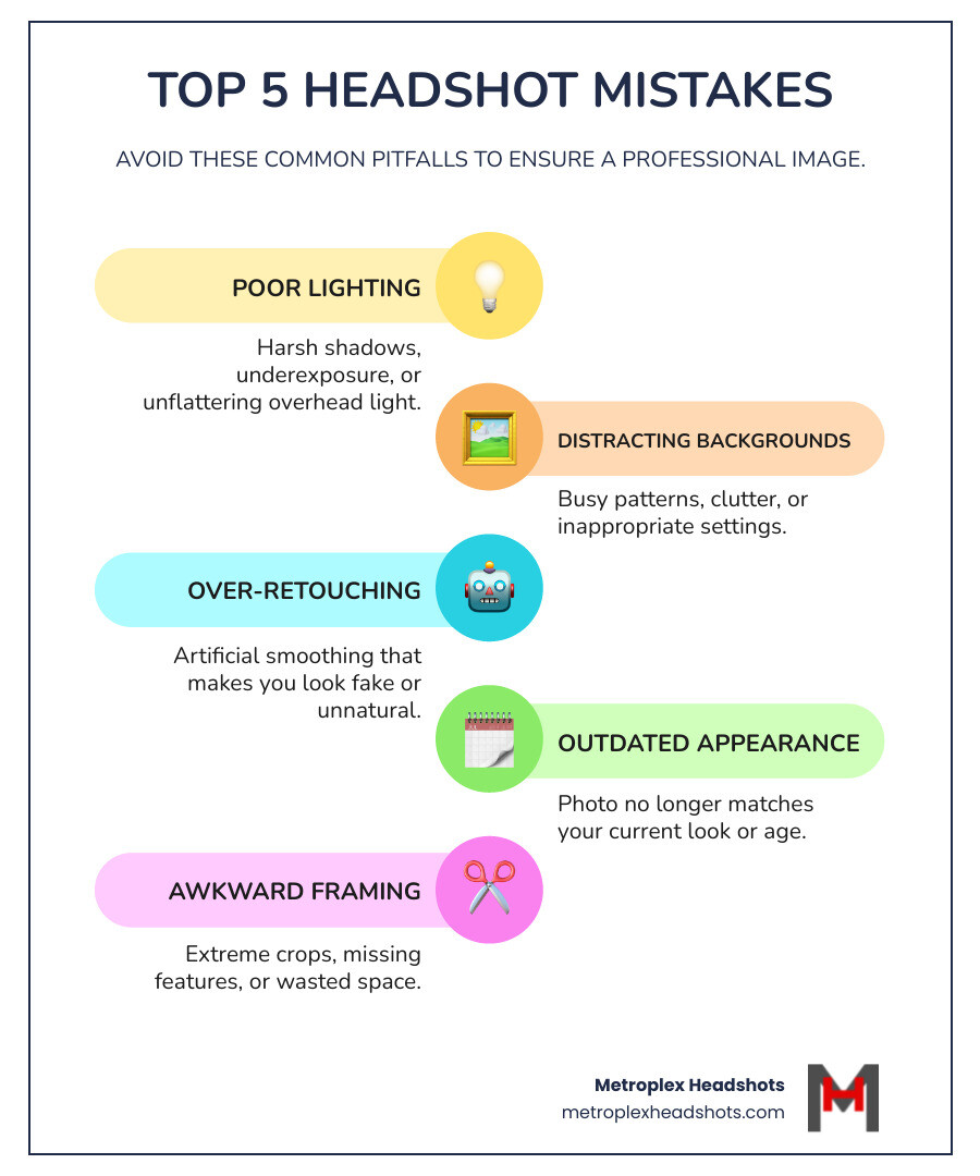infographic showing the top 5 headshot mistakes: poor lighting creating harsh shadows, distracting busy backgrounds, over-retouched artificial appearance, outdated photos that no longer match current appearance, and awkward framing with extreme crops or wasted space - bad headshots infographic infographic-line-5-steps-colors