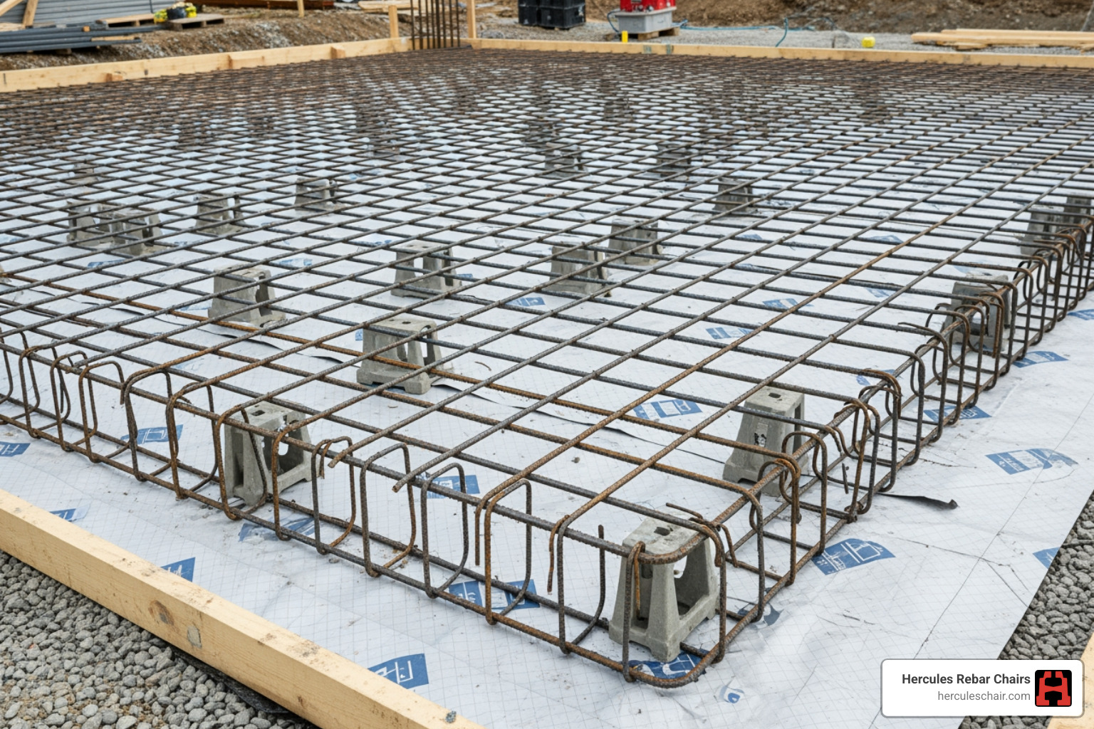 a rebar grid laid out on rebar chairs before a concrete pour - rebar in 4 inch slab a rebar grid laid out on rebar chairs before a concrete pour - rebar in 4 inch slab