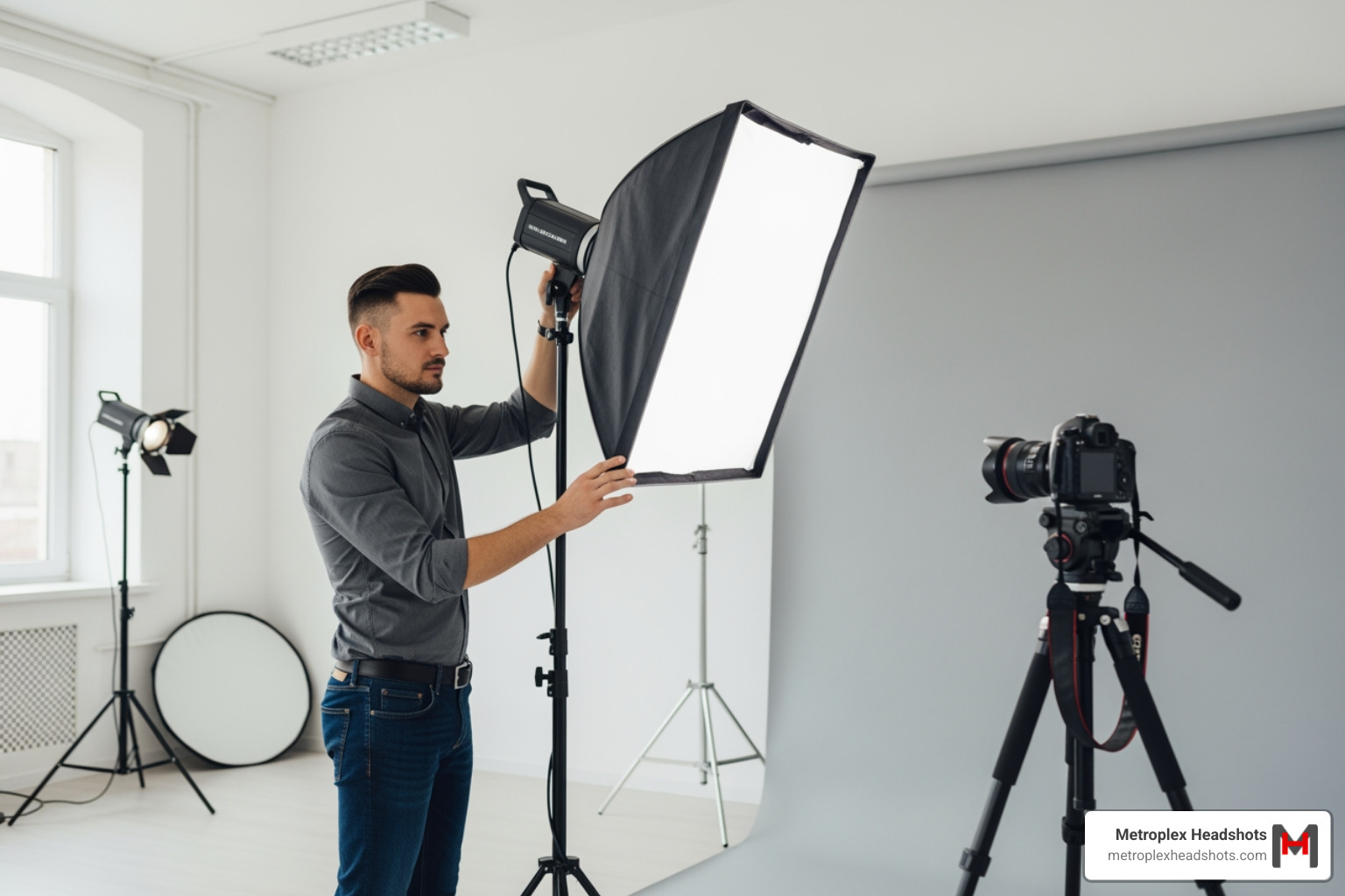 Metroplex Headshots photographer adjusting studio lights - best business headshots Metroplex Headshots photographer adjusting studio lights - best business headshots