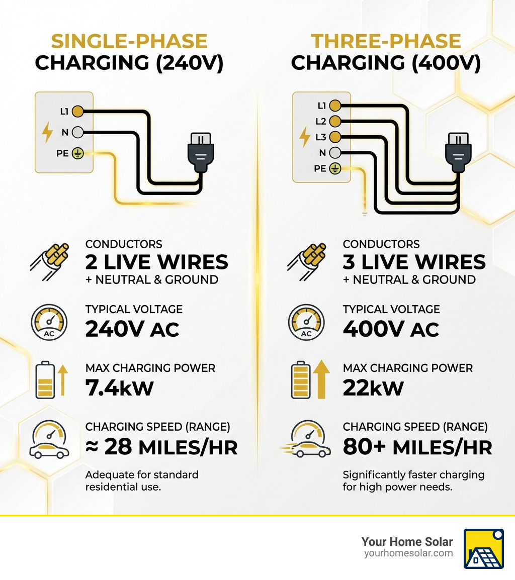 Infographic showing the differences between single-phase and three-phase EV charging, including number of conductors (2 vs 3 live wires plus neutral and ground), typical voltage (240V vs 400V), maximum charging power (7.4kW vs 22kW), and charging speed comparison (28 miles per hour vs 80+ miles per hour). Visual includes simple wiring diagrams for both configurations with labeled L1, L2, L3, N, and PE connections. - 3 phase ev charger wiring diagram infographic Infographic showing the differences between single-phase and three-phase EV charging, including number of conductors (2 vs 3 live wires plus neutral and ground), typical voltage (240V vs 400V), maximum charging power (7.4kW vs 22kW), and charging speed comparison (28 miles per hour vs 80+ miles per hour). Visual includes simple wiring diagrams for both configurations with labeled L1, L2, L3, N, and PE connections. - 3 phase ev charger wiring diagram infographic