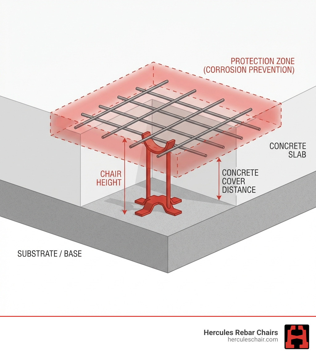 infographic showing cross-section of concrete slab with rebar chair supporting reinforcement mesh at proper elevation above substrate, with labels indicating concrete cover distance, chair height, and protection zone around steel reinforcement - chair in slab reinforcement infographic infographic showing cross-section of concrete slab with rebar chair supporting reinforcement mesh at proper elevation above substrate, with labels indicating concrete cover distance, chair height, and protection zone around steel reinforcement - chair in slab reinforcement infographic