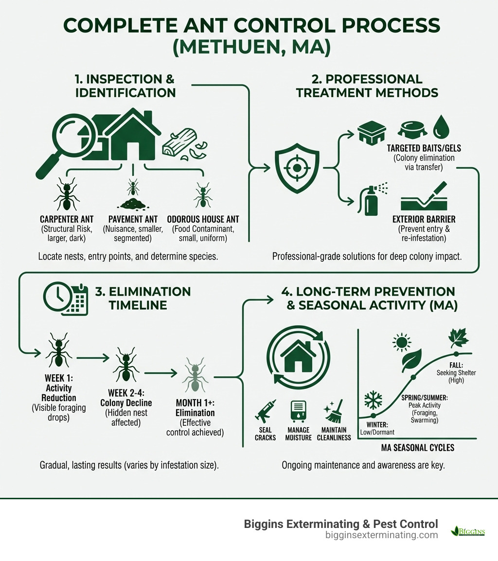 infographic showing the complete ant control process from inspection through prevention, including identification of common Methuen ant species (carpenter, pavement, and odorous house ants), professional treatment methods, elimination timeline, and long-long prevention strategies with seasonal activity patterns for Massachusetts - Ant control Methuen MA infographic 