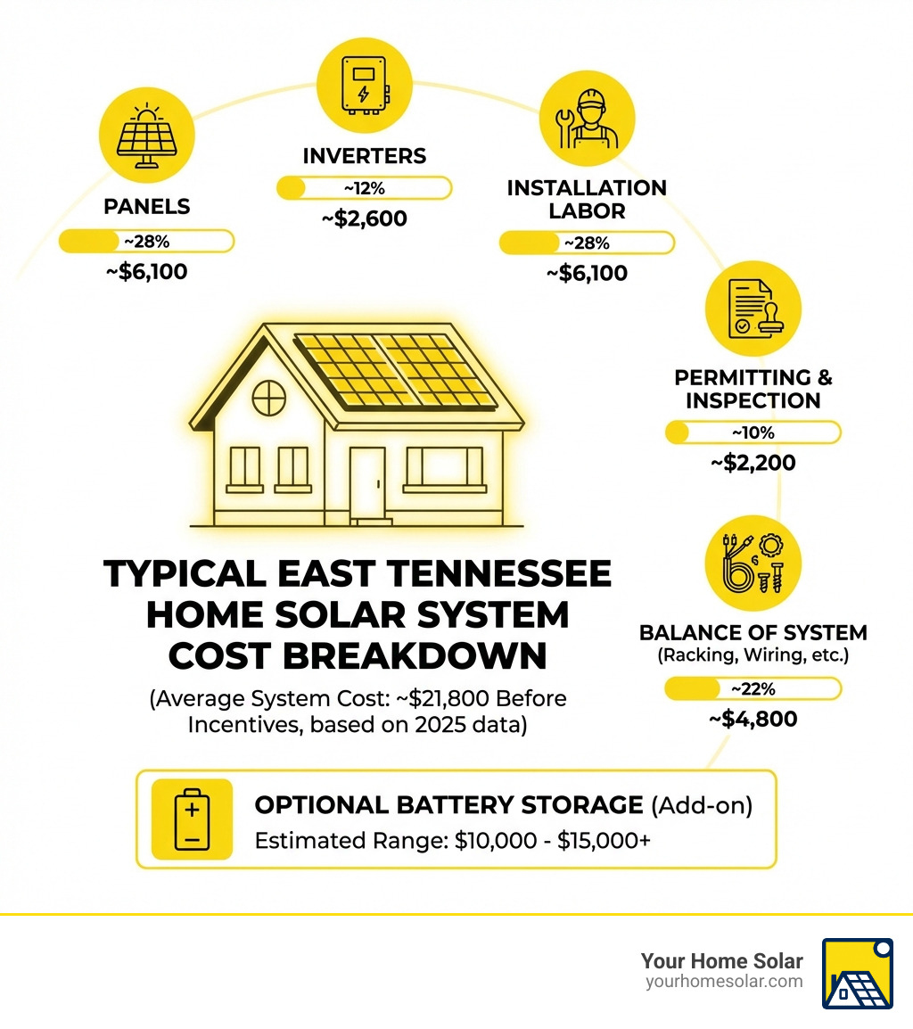 infographic showing the complete breakdown of solar system costs including panels, inverters, installation labor, permitting, and optional battery storage, with average percentages and dollar amounts for a typical East Tennessee home - affordable solar panels for home use infographic infographic showing the complete breakdown of solar system costs including panels, inverters, installation labor, permitting, and optional battery storage, with average percentages and dollar amounts for a typical East Tennessee home - affordable solar panels for home use infographic
