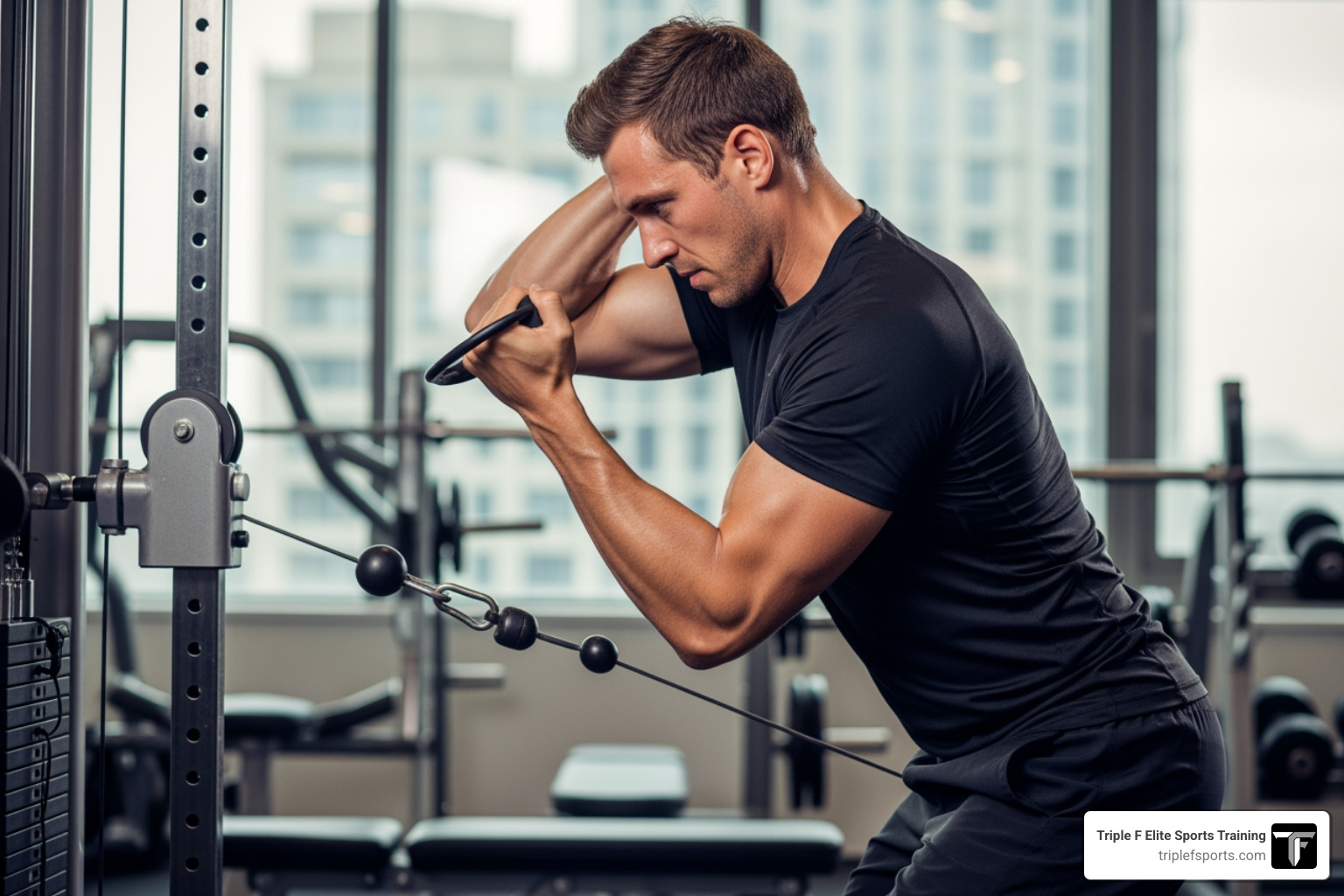 an athlete performing a hook drill with a cable machine - arm wrestling training program an athlete performing a hook drill with a cable machine - arm wrestling training program