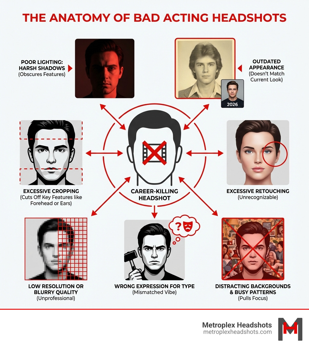 Infographic showing the anatomy of bad acting headshots including poor lighting with harsh shadows, outdated appearance that doesn't match current look, excessive retouching making you unrecognizable, distracting backgrounds and busy patterns, wrong expression for your type, low resolution or blurry quality, and cropping that cuts off key features like forehead or ears - bad acting headshots infographic 
