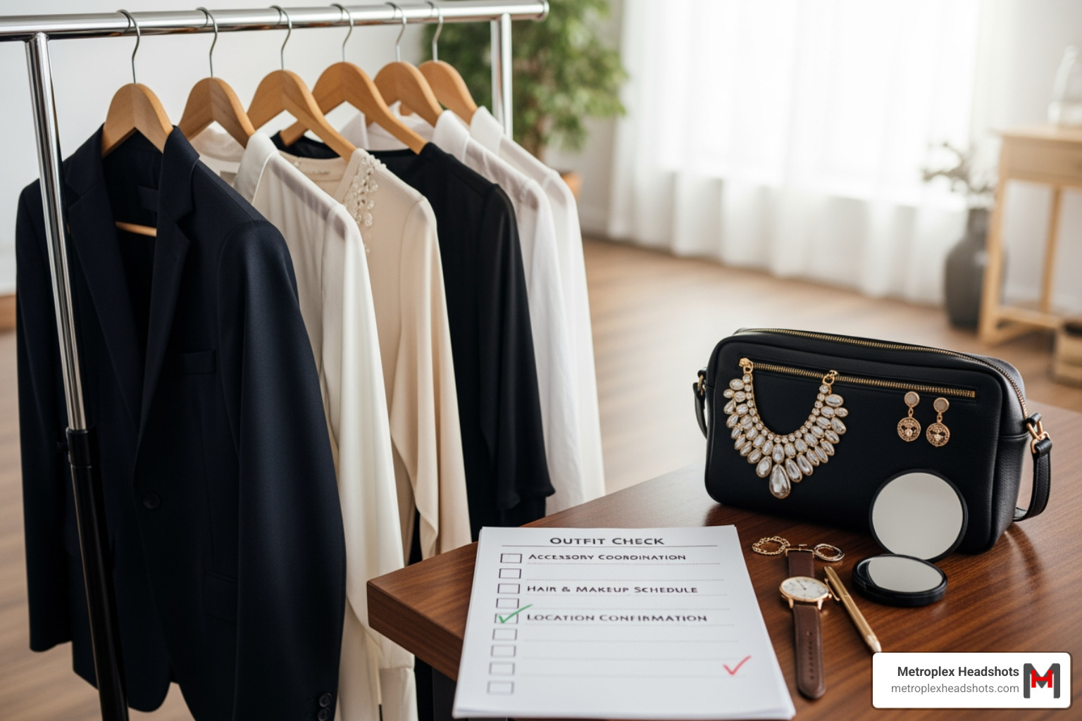 Person's photoshoot preparation, showing ironed outfits on a rack, a small bag with essentials, and a checklist - Professional photo shoot