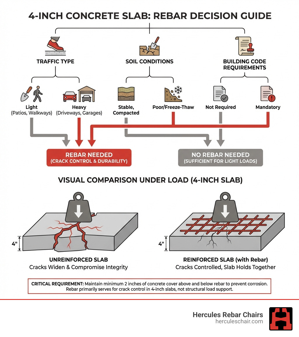 infographic showing when a 4-inch concrete slab needs rebar versus when it does not, including decision tree based on traffic type, soil conditions, and building code requirements, with visual comparison of reinforced versus unreinforced slabs under load - rebar in 4 inch slab infographic infographic showing when a 4-inch concrete slab needs rebar versus when it does not, including decision tree based on traffic type, soil conditions, and building code requirements, with visual comparison of reinforced versus unreinforced slabs under load - rebar in 4 inch slab infographic
