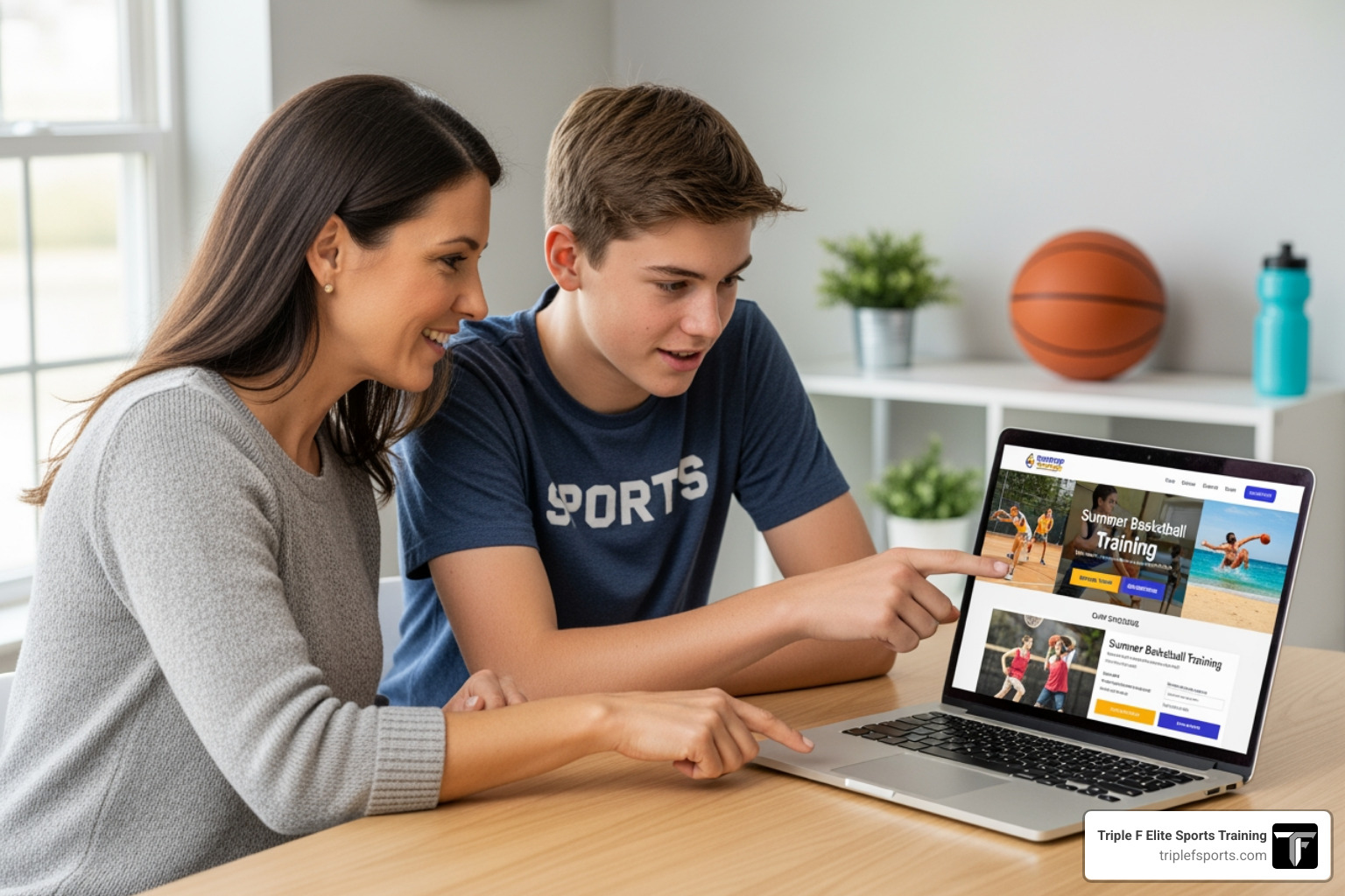 parent and athlete looking at a laptop screen with a camp registration page - Volleyball camp registration parent and athlete looking at a laptop screen with a camp registration page - Volleyball camp registration