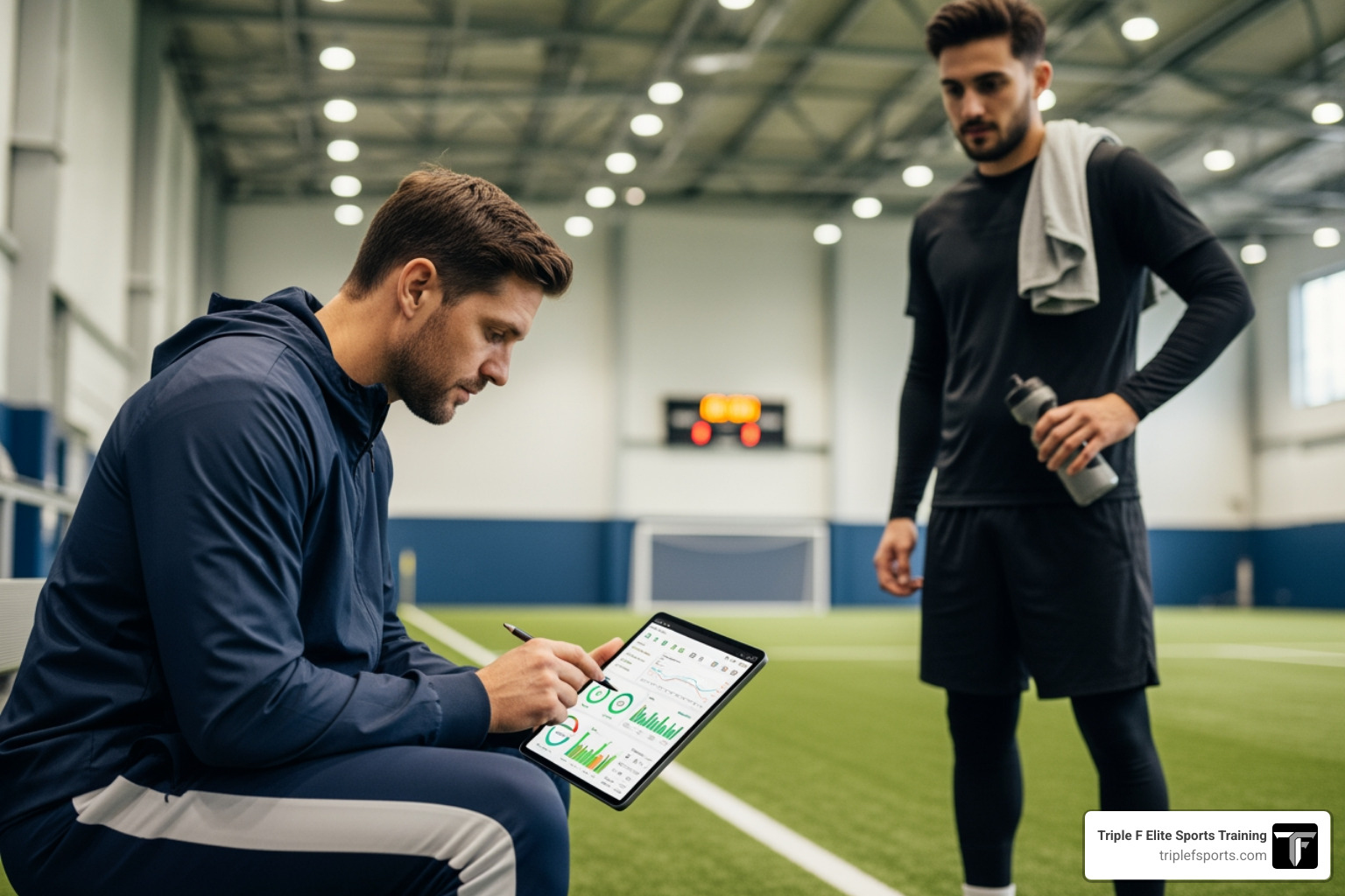 coach analyzing data on tablet with athlete - athletic assessments knoxville coach analyzing data on tablet with athlete - athletic assessments knoxville