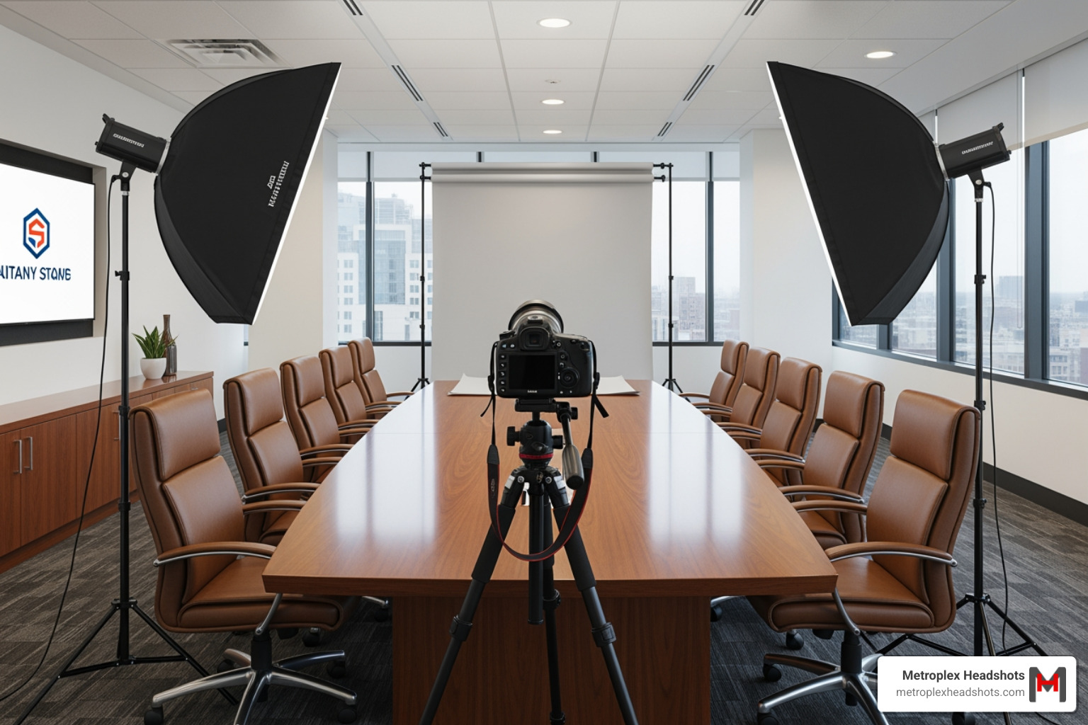 photographer's on-site studio setup in a corporate boardroom - corporate photo studio
