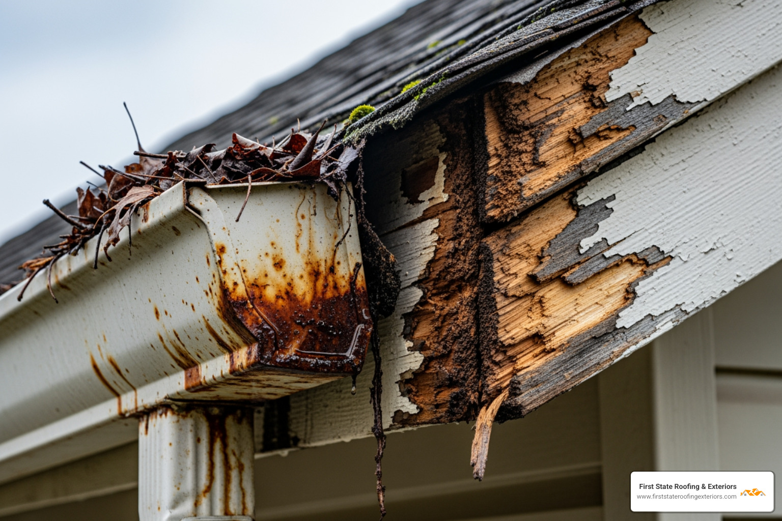 sagging gutter pulling away from a rotted fascia board, showing clear signs of water damage - fascia and guttering replacement near me