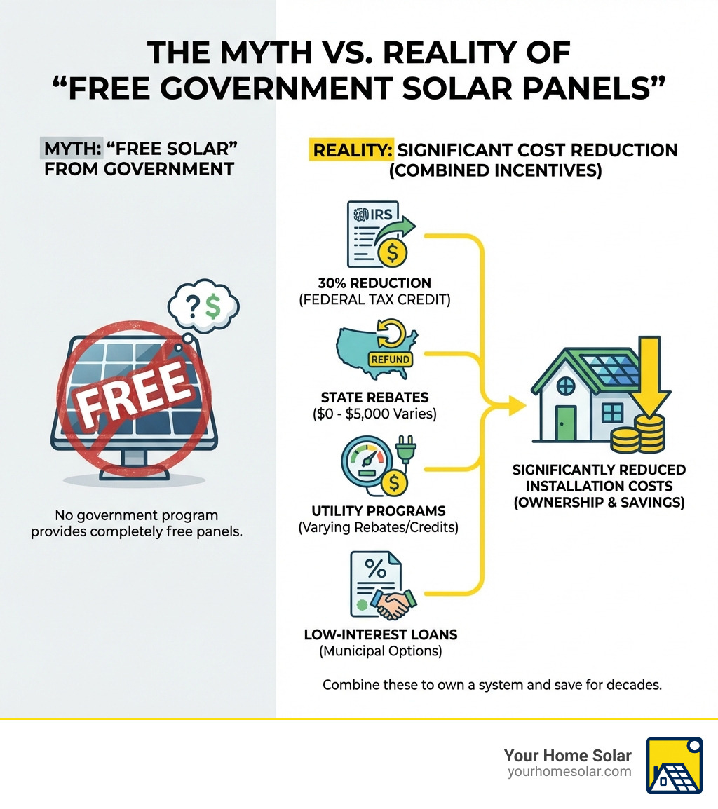 Infographic showing the difference between the myth of free government solar panels and the reality of federal tax credits (30% reduction), state rebates ($0-5,000), utility programs, and low-interest loans that combine to significantly reduce solar installation costs - how to get free solar panels from the government infographic Infographic showing the difference between the myth of free government solar panels and the reality of federal tax credits (30% reduction), state rebates ($0-5,000), utility programs, and low-interest loans that combine to significantly reduce solar installation costs - how to get free solar panels from the government infographic