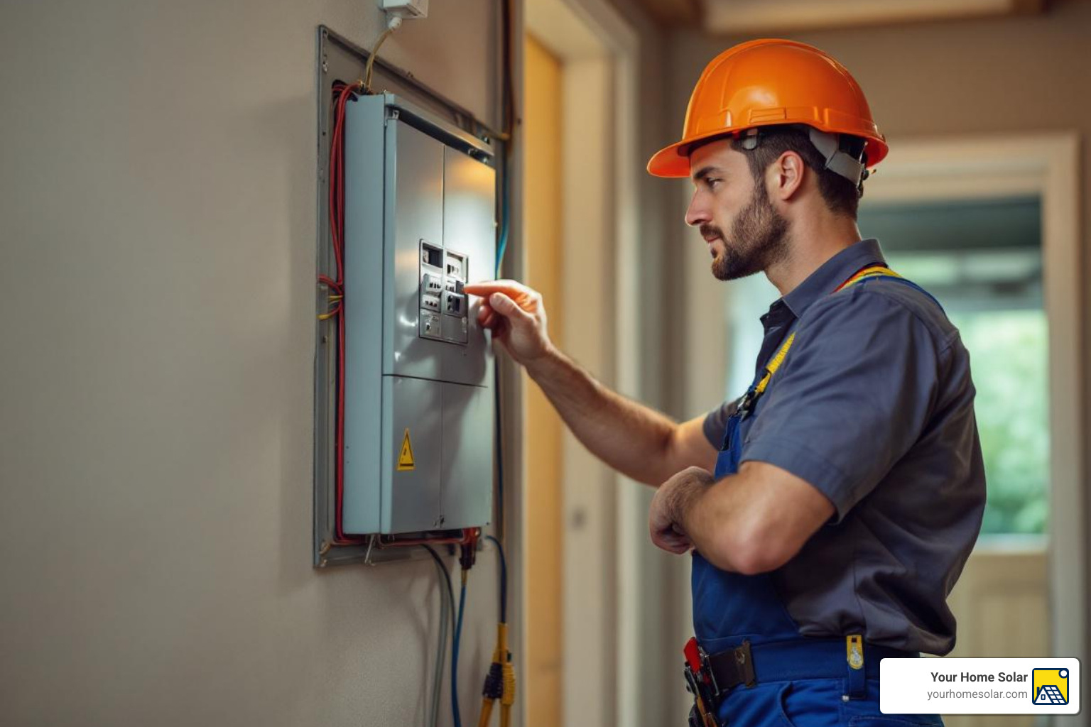 An electrician assesses a home's electrical panel - 240 volt outlet for electric car cost An electrician assesses a home's electrical panel - 240 volt outlet for electric car cost