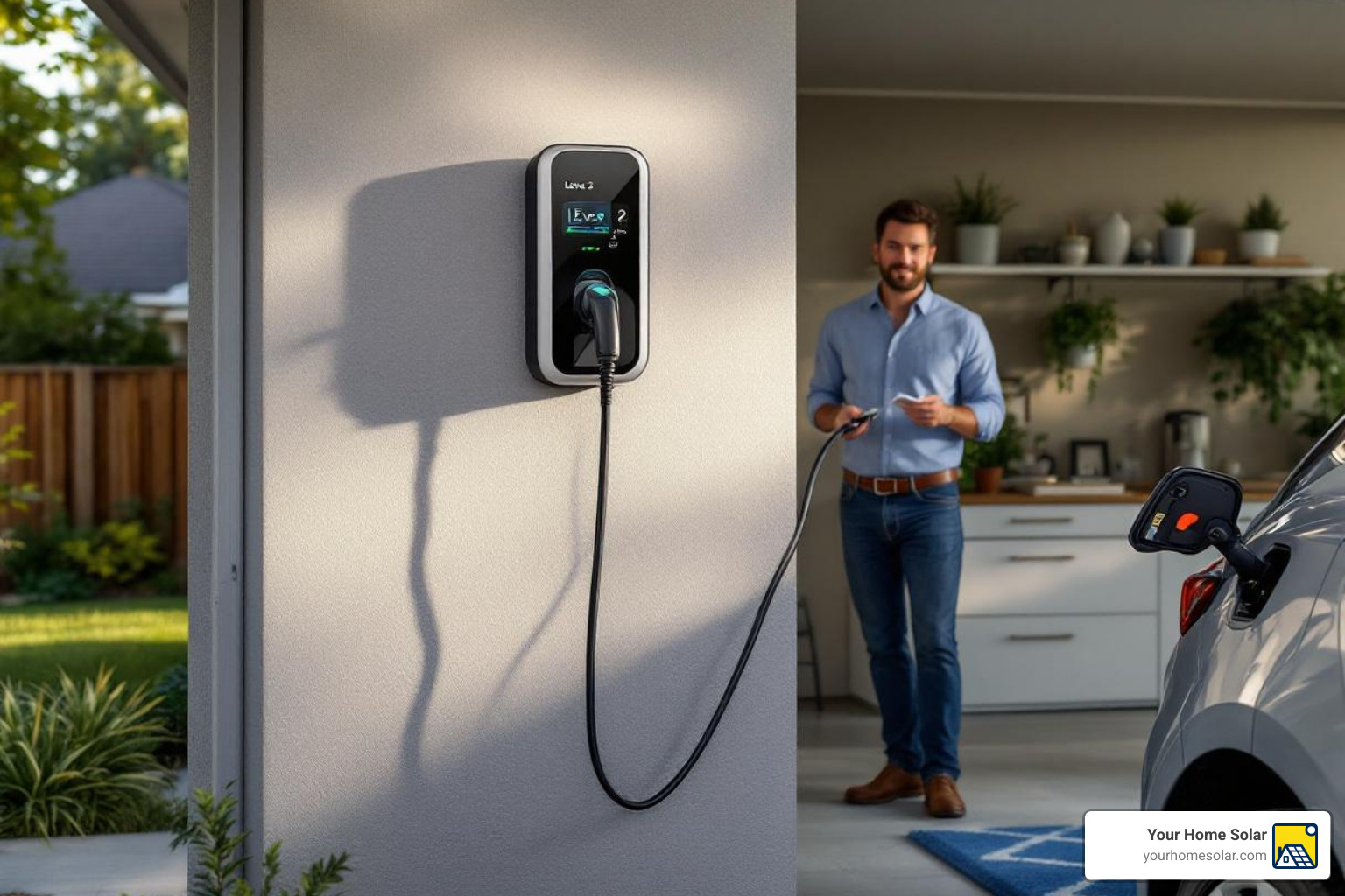 A homeowner plugs their EV into a wall-mounted Level 2 charger in their garage - 240 volt outlet for electric car cost A homeowner plugs their EV into a wall-mounted Level 2 charger in their garage - 240 volt outlet for electric car cost