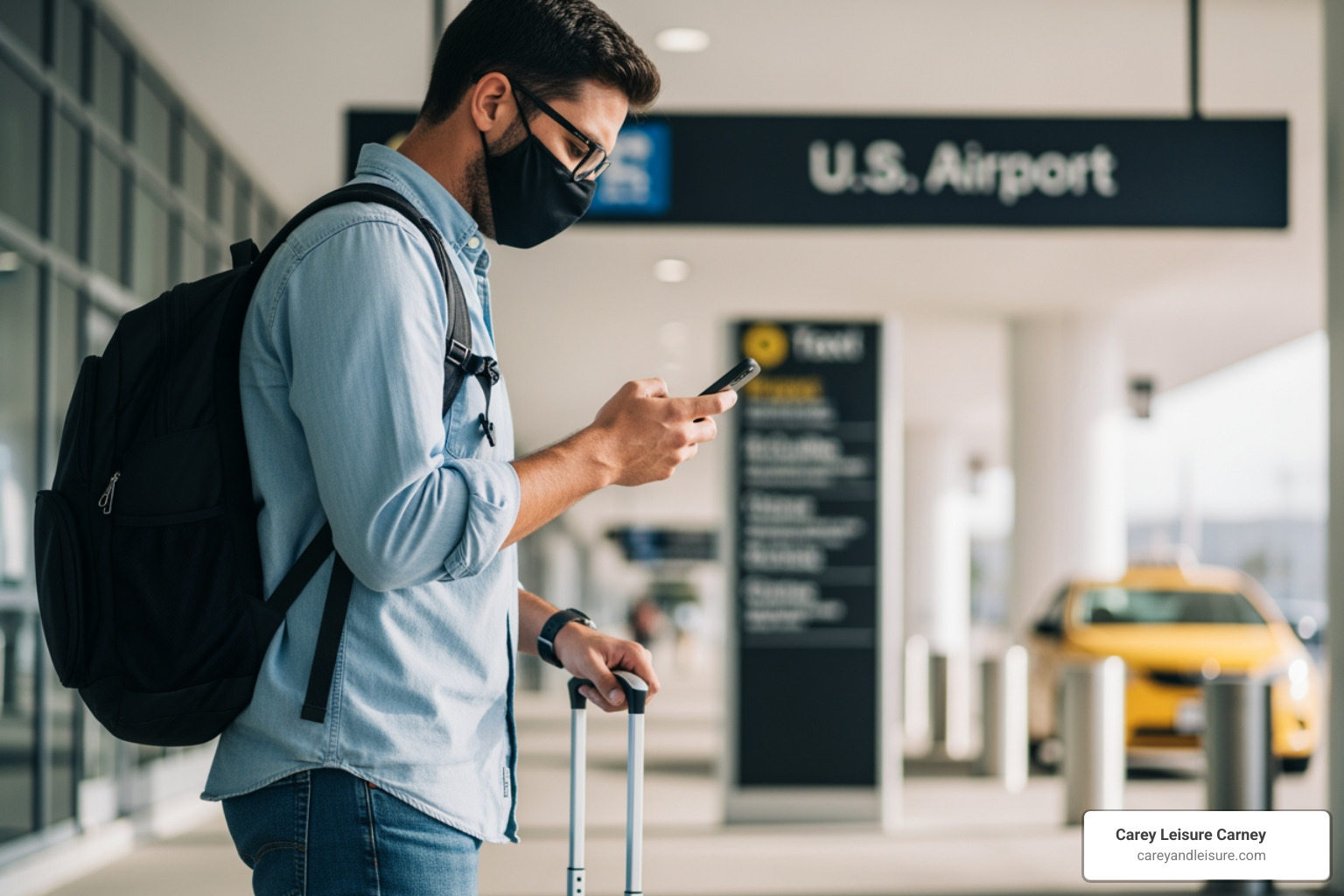 a traveler with luggage looking at their phone outside an airport - St Petersburg Uber a traveler with luggage looking at their phone outside an airport - St Petersburg Uber