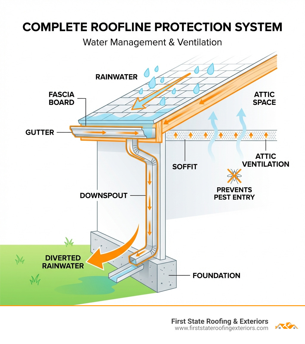 infographic showing how fascia boards support gutters, gutters collect and divert rainwater through downspouts away from the foundation, and soffits provide attic ventilation while preventing pest entry, with arrows illustrating water flow and labeled components of a complete roofline protection system - fascia and guttering replacement near me infographic 