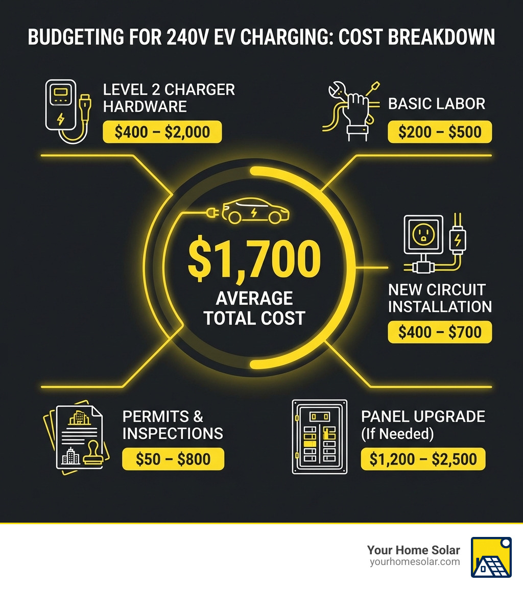 Infographic showing cost breakdown: Level 2 charger hardware $400-$2,000, basic labor $200-$500, new circuit installation $400-$700, panel upgrade $1,200-$2,500, permits $50-$800, with average total cost of $1,700 - 240 volt outlet for electric car cost infographic Infographic showing cost breakdown: Level 2 charger hardware $400-$2,000, basic labor $200-$500, new circuit installation $400-$700, panel upgrade $1,200-$2,500, permits $50-$800, with average total cost of $1,700 - 240 volt outlet for electric car cost infographic