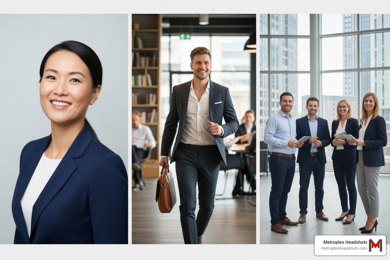 collage showing different professional headshot and branding session types (corporate, personal branding, team) - Professional photo sessions