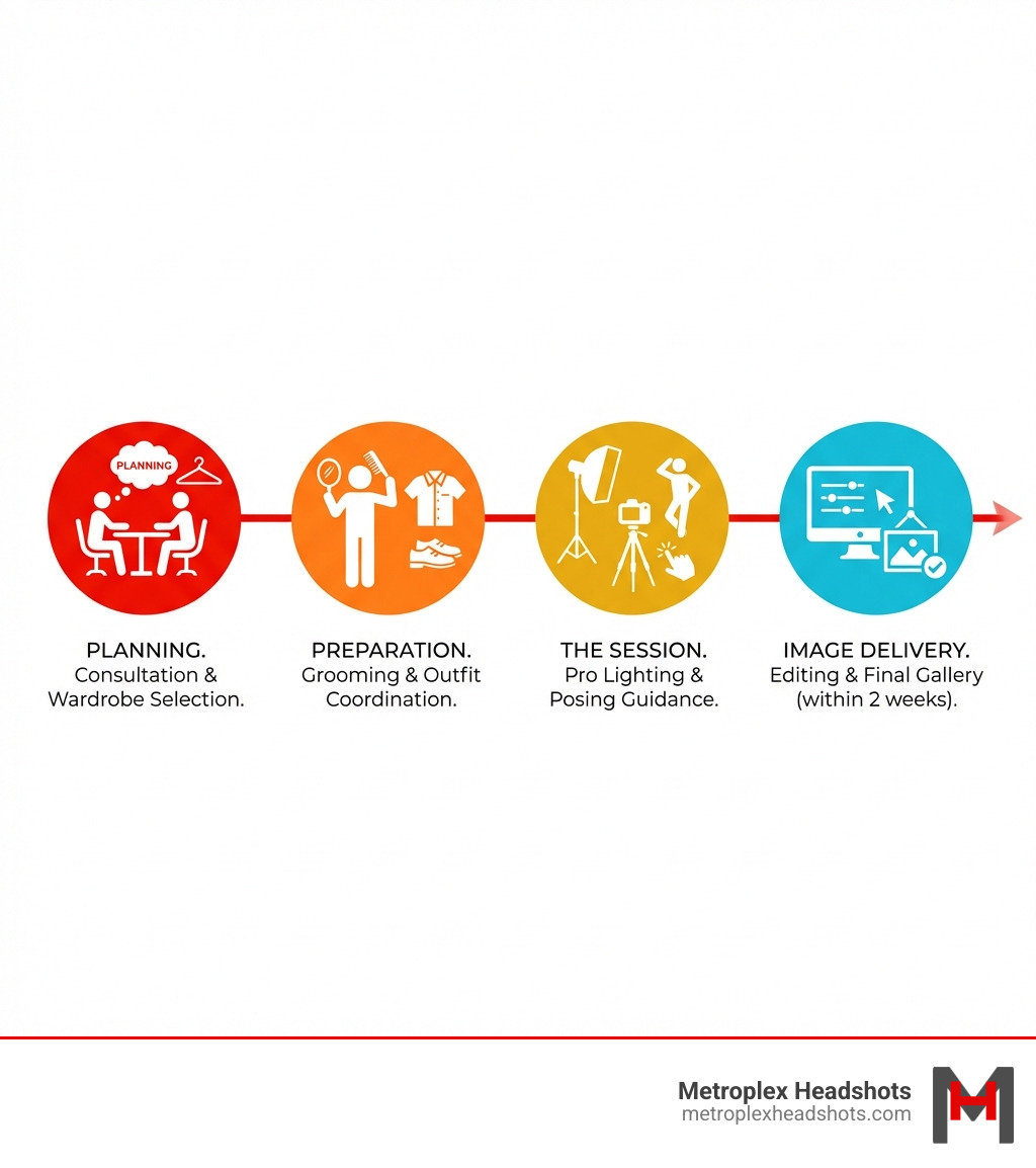 Infographic showing the 4 key stages of a professional photoshoot: Planning (consultation and wardrobe selection), Preparation (grooming and outfit coordination), The Session (professional lighting and posing guidance), and Image Delivery (editing and final gallery within 2 weeks) - Professional photo shoot infographic 