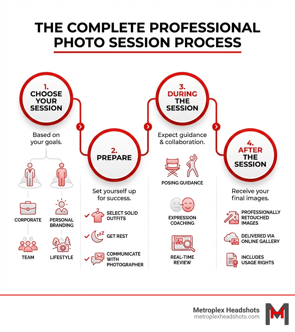 Infographic showing the complete professional photo session process: 1) Choose your session type based on your goals (corporate, personal branding, team, or lifestyle), 2) Prepare by selecting solid-colored outfits, getting rest, and communicating with your photographer, 3) During the session expect posing guidance, expression coaching, and real-time review of images, 4) After the session receive professionally retouched images delivered through an online gallery with usage rights - Professional photo sessions infographic 