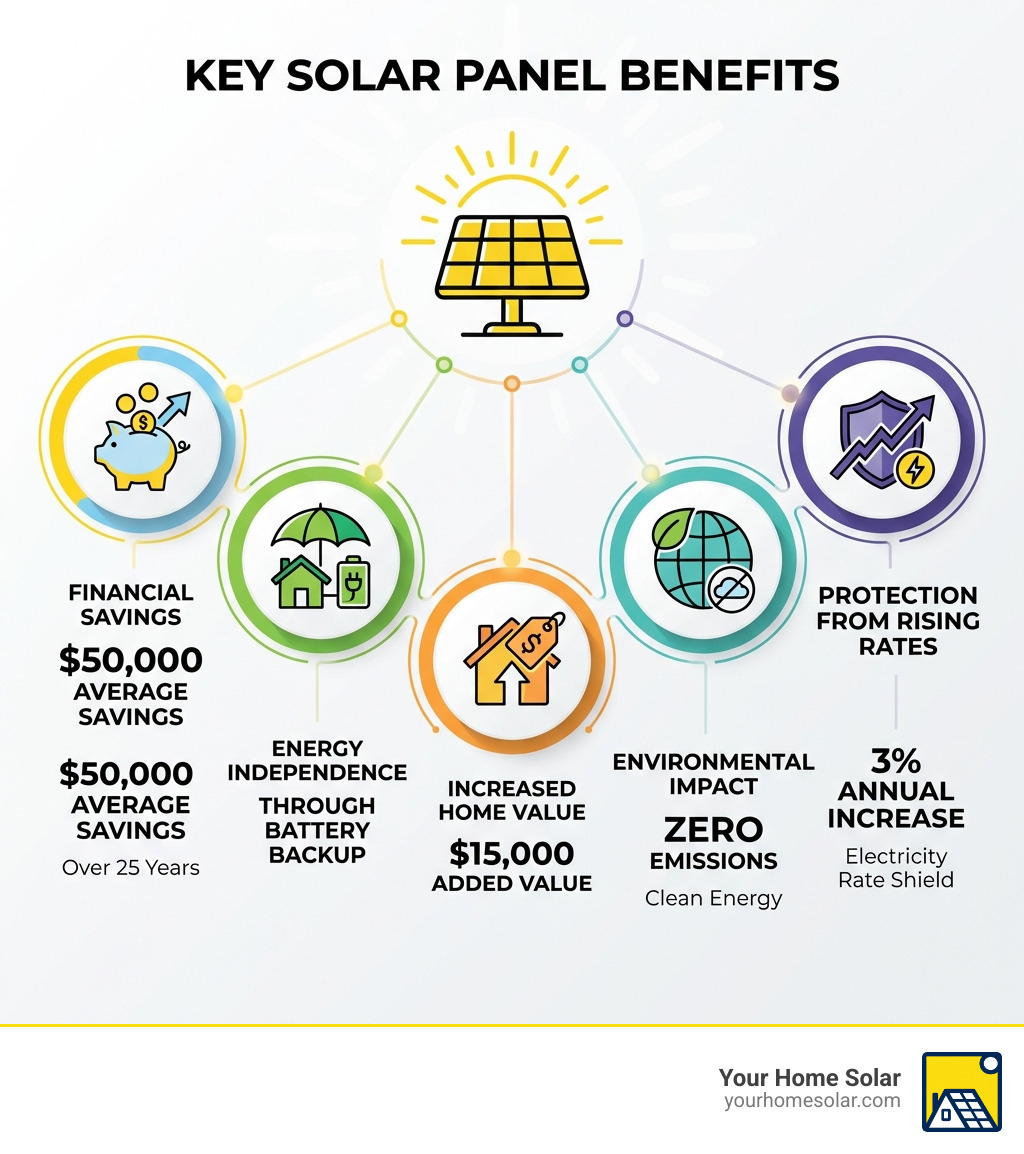 infographic showing five key solar panel benefits: financial savings with $50,000 average over 25 years, energy independence through battery backup, increased home value of $15,000, environmental impact with zero emissions, and protection from 3% annual electricity rate increases - Solar panel benefits infographic infographic showing five key solar panel benefits: financial savings with $50,000 average over 25 years, energy independence through battery backup, increased home value of $15,000, environmental impact with zero emissions, and protection from 3% annual electricity rate increases - Solar panel benefits infographic