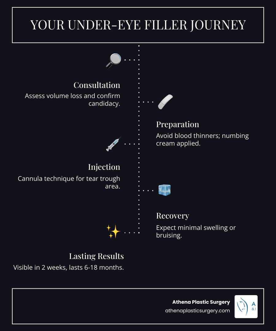 Infographic showing the under-eye filler process: 1) Consultation to assess volume loss and candidacy, 2) Pre-treatment preparation (avoiding blood thinners, applying numbing cream), 3) Injection using cannula technique into tear trough area, 4) Recovery period with minimal swelling/bruising, 5) Final results visible after 2 weeks, lasting 6-18 months - dermal fillers under eyes near me infographic infographic-line-5-steps-dark
