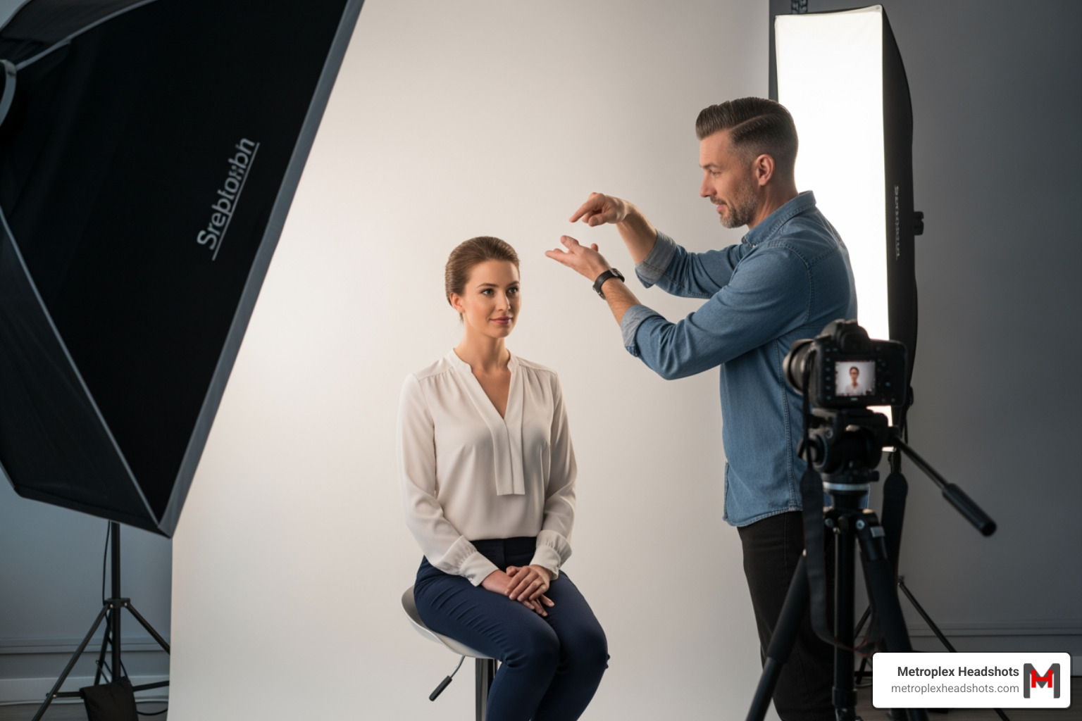 A photographer coaching a client on posing and expression during a studio headshot session - business portrait photographer