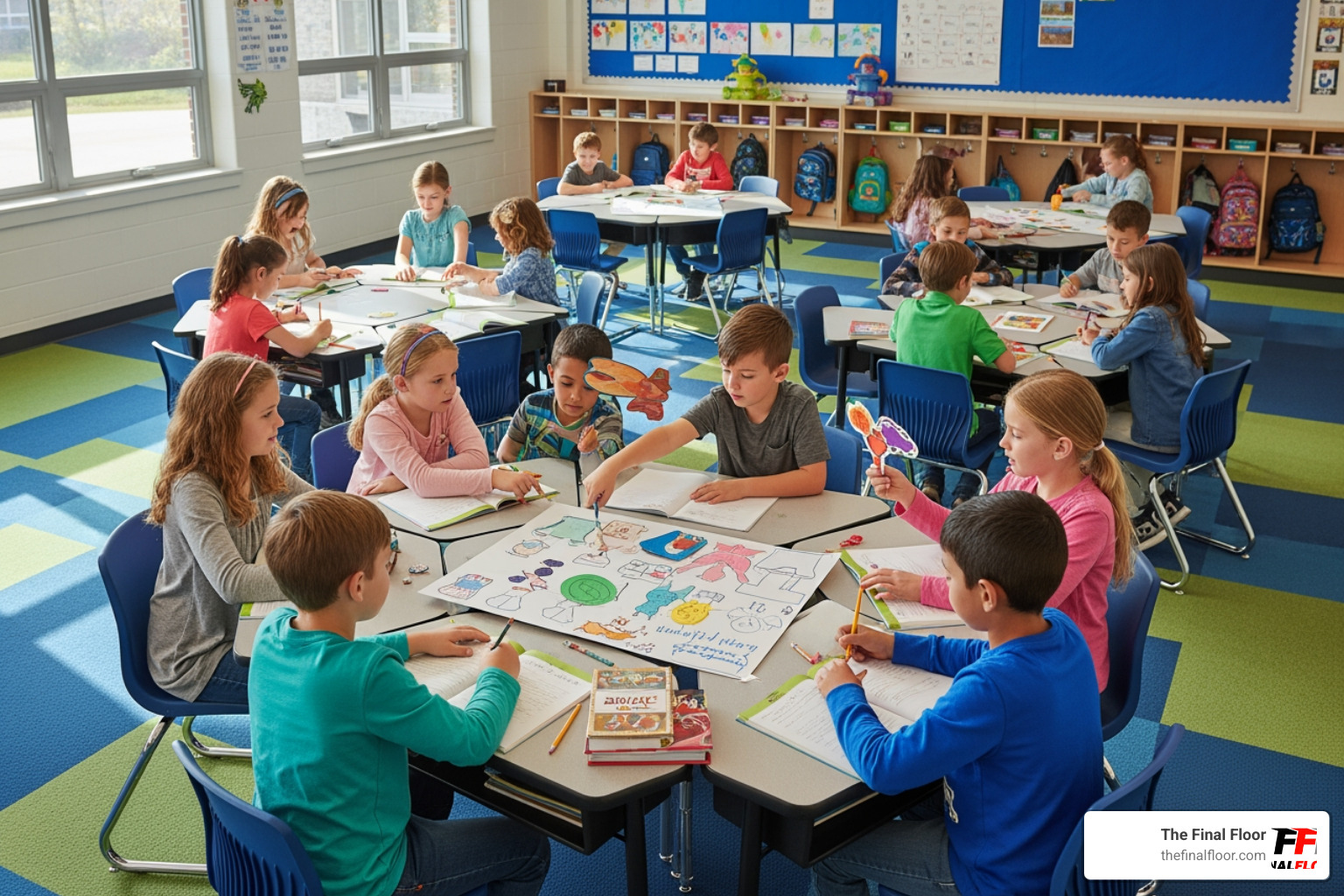 students collaborating in a classroom with acoustically-friendly carpet tiles - Education facility flooring students collaborating in a classroom with acoustically-friendly carpet tiles - Education facility flooring