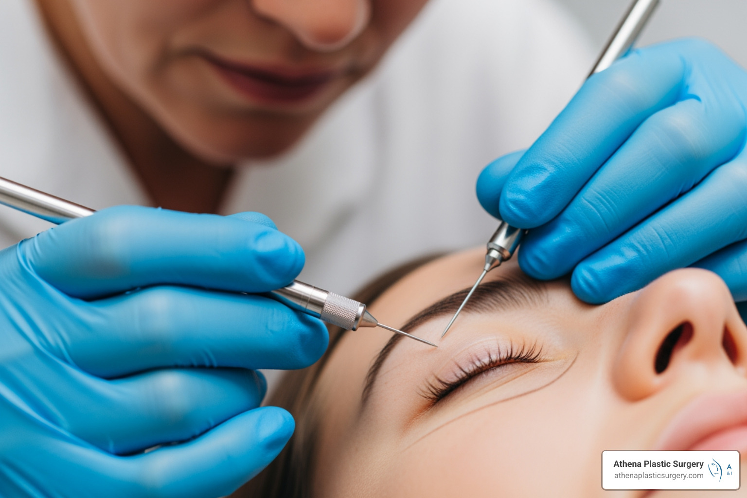 A close-up image of a medical professional carefully injecting under-eye filler using a micro-cannula - dermal fillers under eyes near me